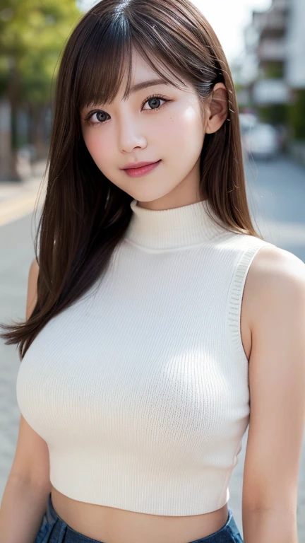 table top, highest quality, Photoreal, finely, High resolution, 8k wallpaper, perfect dynamic composition, beautiful and fine eyes, medium hair, big and full breasts, random sexy poses,chest to chest、(Very Small Size Mock Neck Crop Tank Top White Knitwear)、(Breast bulge 1.2)、laughter、open your mouth、resort scenery、15 years old、(droopy eyes 1.4)、Adult beauty、Japanese