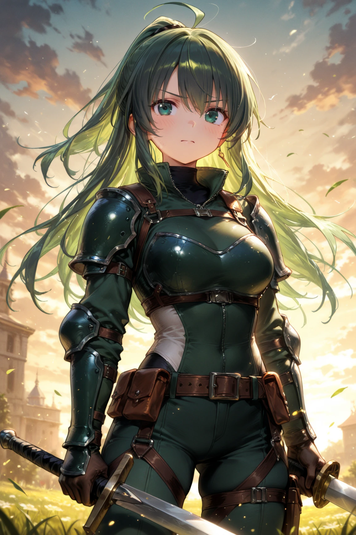 highest quality、complete limbs、one beautiful woman、(green haired woman:1.3)、long hair woman、ponytail woman、beautiful big breasted woman、big smile、female knight、(woman wearing green leotard:1.3)、((woman wearing black pantyhose))、((A woman equipped with full armor:1.5))、inside the cave、woman with serious face、((A woman brandishing a sword while running))
