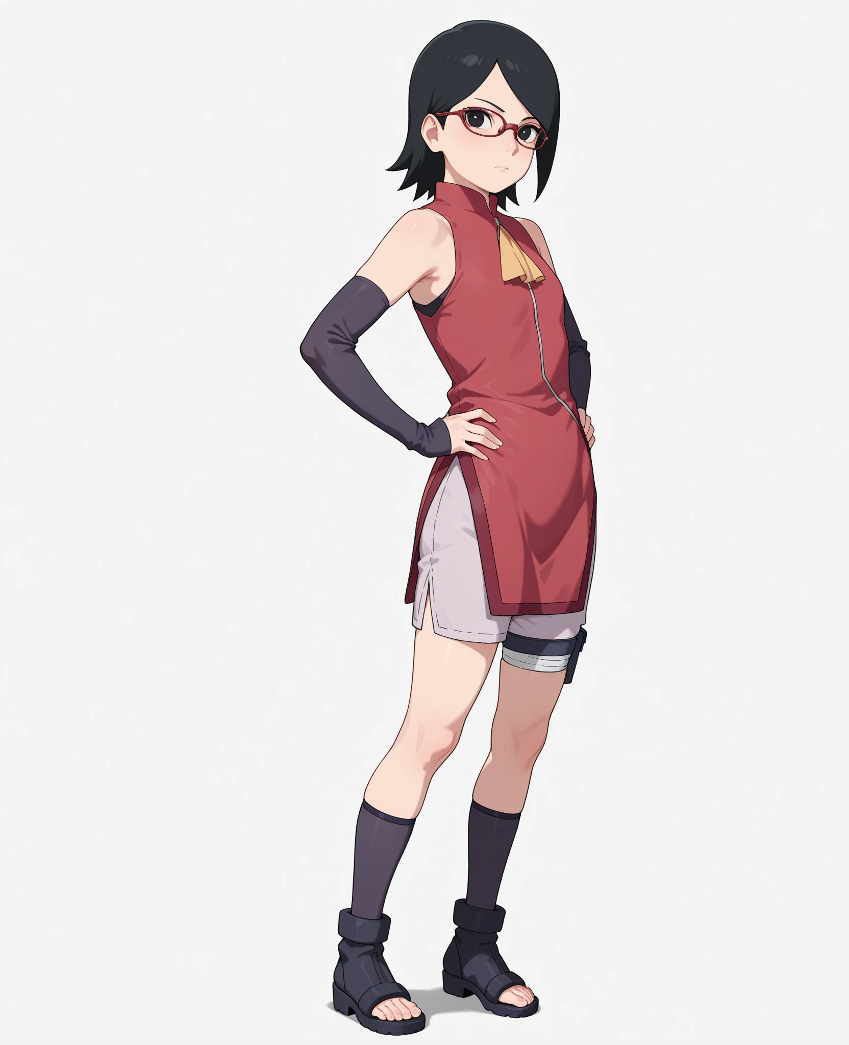 anime cloth capture, 
1 girl,standing alone,Bblack hair,shorth hair, eyes black,skinny,cowboy shot, standing, forehead protector, pretentious smile,(don:1.1),(White shorts:0.8), black thighighs, thigh holster, arm warmers, bared shoulders, gazing at viewer, plein-air,pelvic,glasses with red frame, cups,arms behind the back, tilt your head, pelvic curtain, front viewer, waving arms, (( no shorts just the dress)) partially nude, pussy exposed