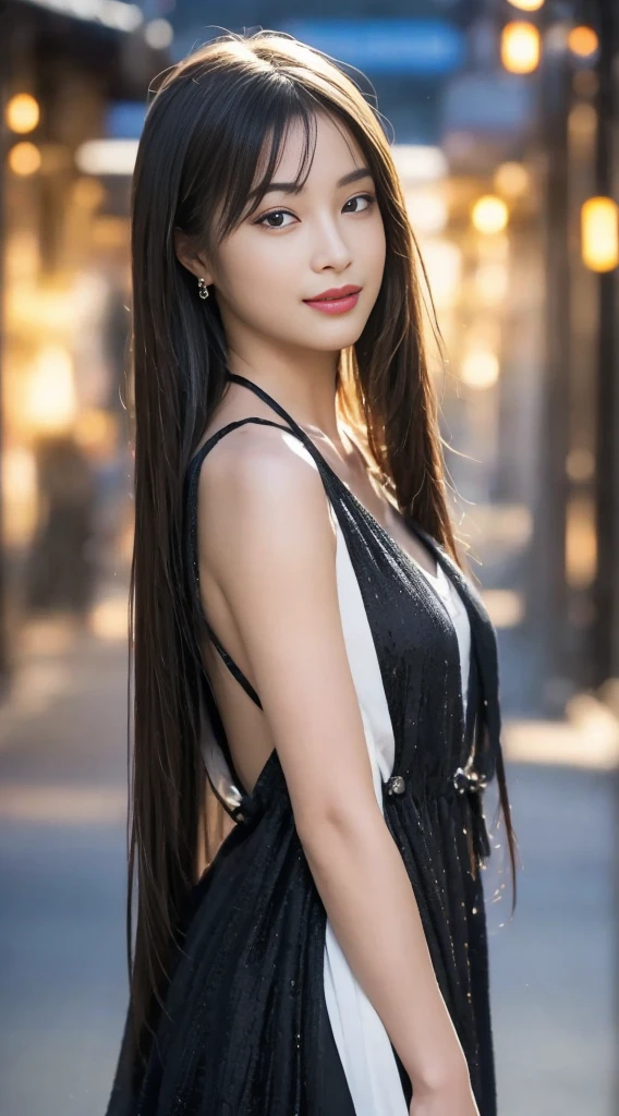 (8K、Raw photo、highest quality、masterpiece:1.2)、(realistic、Photoreal)、1 girl、((black dress、See-through、belt、gold bracelet、sandals、Navel exposure))、lots of eyelashes、Glitter on your eyelids、skeletally correct、sweaty body、Beautifully aligned fingertips、above the sky