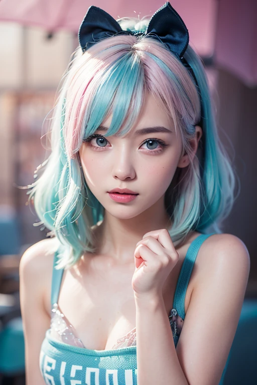 masterpiece, highest quality, 4K, Realistic, Bokeh, Awareness-raising,1 perfect portrait of a girl, (A fascinating eye for perfect detail:1.2), Colorful Hair, (Gradient Hair), (Blue and pink soft long hair:1.6), (Cat ear:1.2), fantasy background, (Exposed bare shoulders), (Long-term alienation sleeve), (lean forward a little), Tilt your head, Cinema Lighting, Larger clothes, (seductive pose:1.4), (Blue and pink background:1.6), Beautiful bright blue eyes, close,