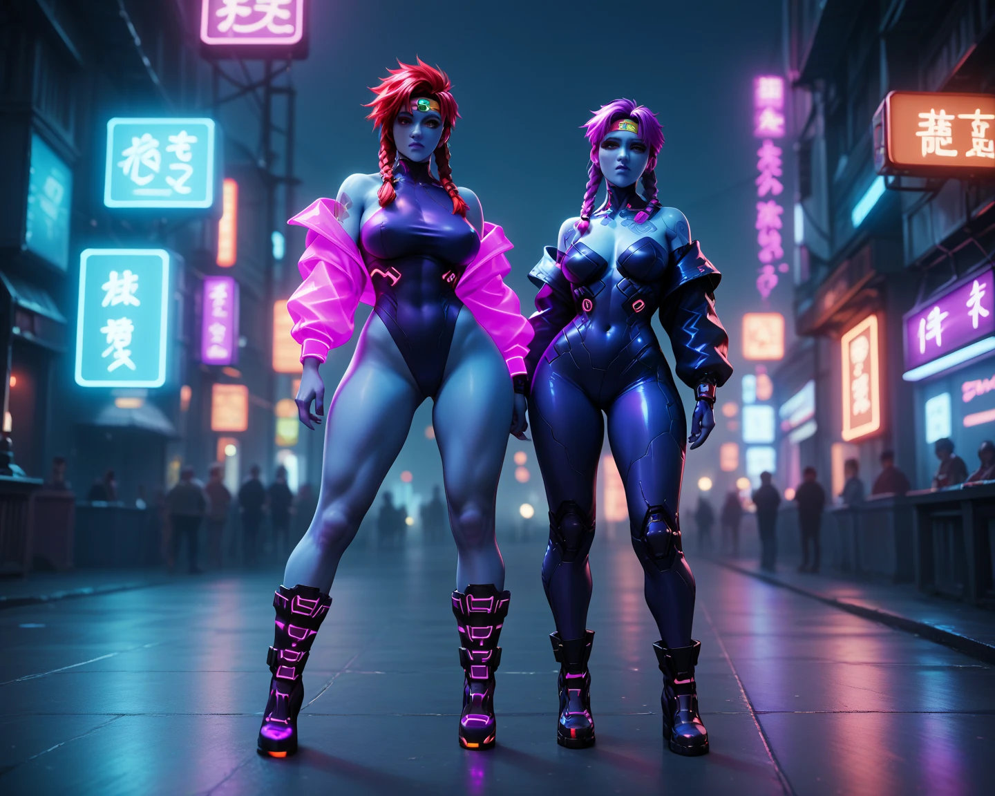 solo, 1girl, undyne, blue skin, female, (big bottom lip:1.3), (black lip gloss:1.3), large breasts, black leather collar, blue eyeshadow, (black latex bikini:1.6), (nipple outline:0.75), (black heels:1.4), (street corner:1.4), hands behind head, sexy pose, late night, street light, standing upright, very tall, yellow teeth, sharp teeth, laughing, black eye patch, looking at viewer, by darkgem, by wfa, by BNG,