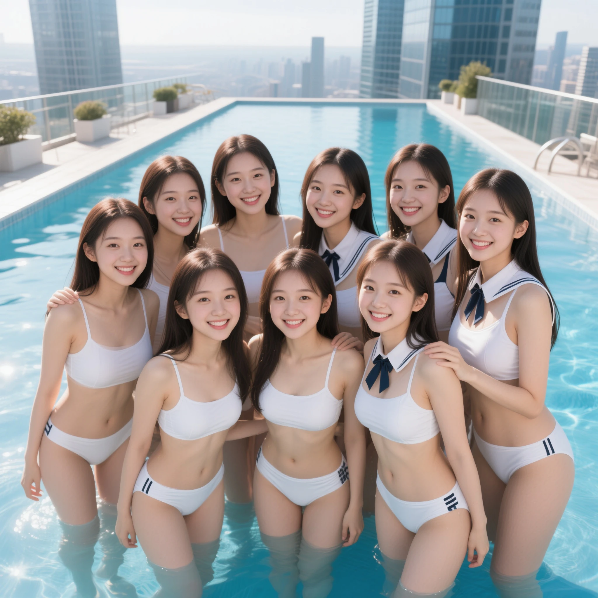 BEST-QUALITY, MASTERPIECE, ULTRA-HIGH-RESOLUTION, (PHOTOREALISTIC:1.4), RAW-PHOTO, ULTRA DETAILED,
1 girls, (standing),16-years-old, all members of the most popular Japanese idol group, all having fun and laughing out loud in night pool, wearing cute designed white micro bikini,
all extremely cute faces like a Japanese idol, all amazingly beautiful big black eyes, all beautiful cleavage, all beautiful bodies, all beautiful thighs,
all detailed faces, all detailed eyes, all detailed hair, all detailed breasts, all detailed bodies, all detailed thighs,(small breasts:1.2),slender body, skinny legs