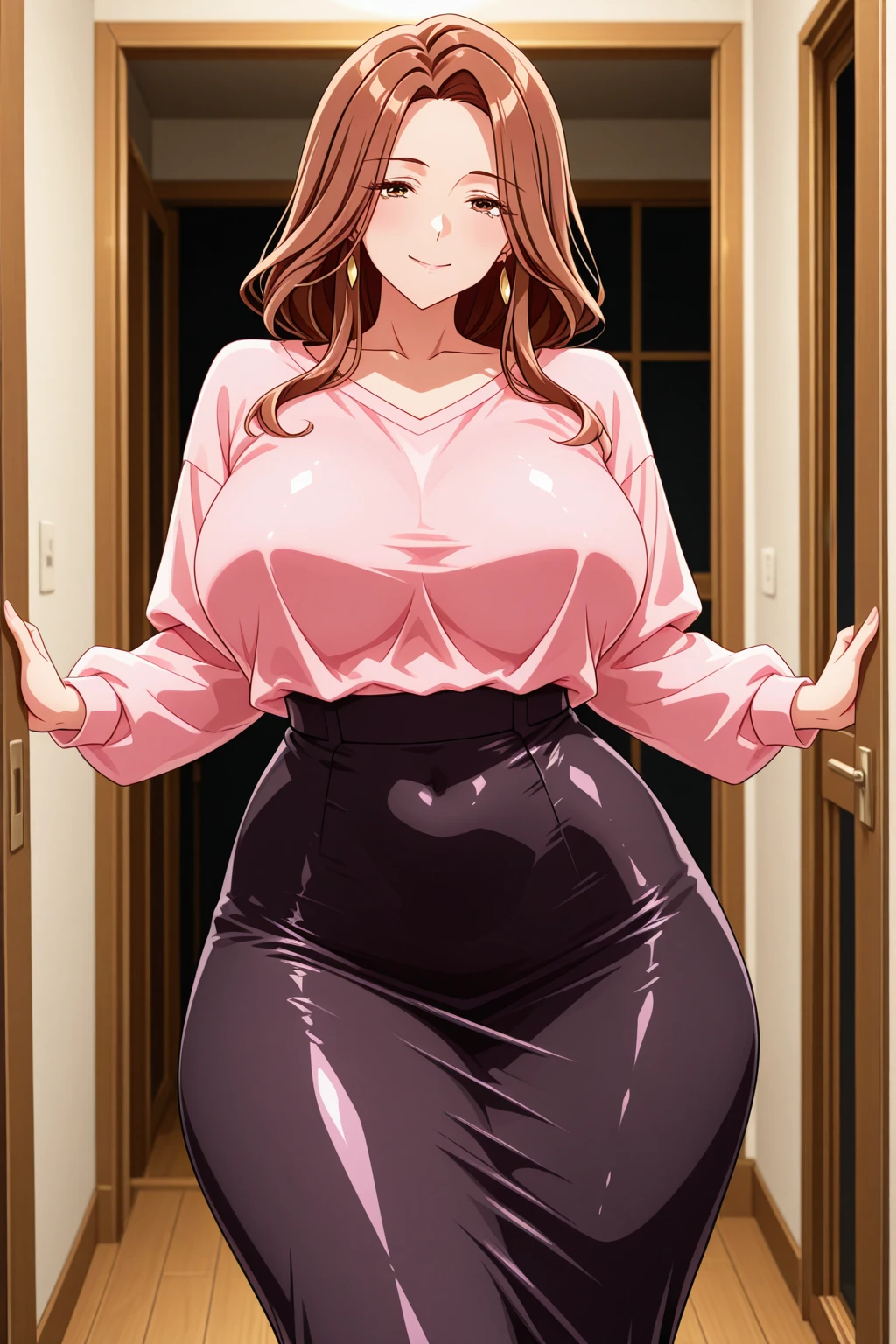 A beautiful sexy girl with big breasts, long light brown hair, her brown eye, is dressed in a pink button-down blouse, showing her navel, and a long blue skirt with a black heel.