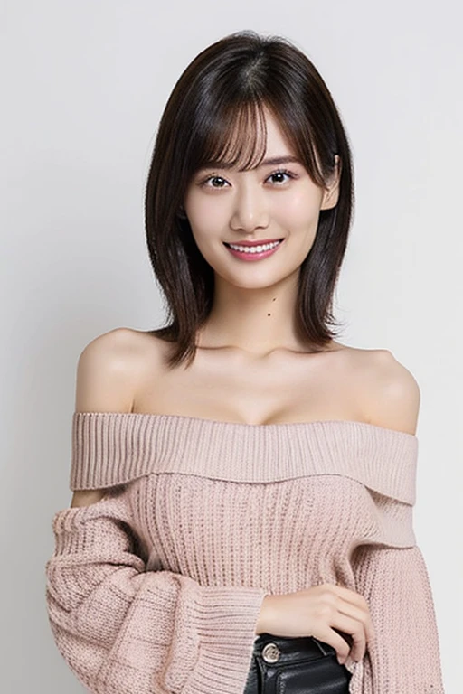 (Sleeveless knitwear、big breasts、shortcut、real face)、cute japanese woman、16 years old、young girl、glitter background、Turn your body to the front、smile、blank space above the head