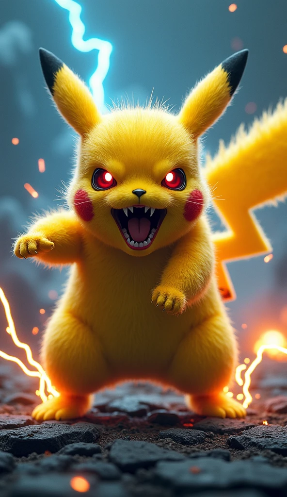 A realistic, mutant-style yellow electric creature inspired by Pikachu, standing in a fierce battle pose on cracked scorched earth. Its red eyes glow with rage, mouth open showing sharp fangs, surrounded by crackling blue electricity and smoke trails. The atmosphere is intense with dramatic lighting from below, cinematic background with ember sparks and a glowing electric aura. The creature's fur is slightly matted from power overload, ears upright and charged with energy. Stylized ultra-detailed rendering, 3D lighting, high resolution, cinematic concept art, dramatic composition, RAW render, sharp focus.