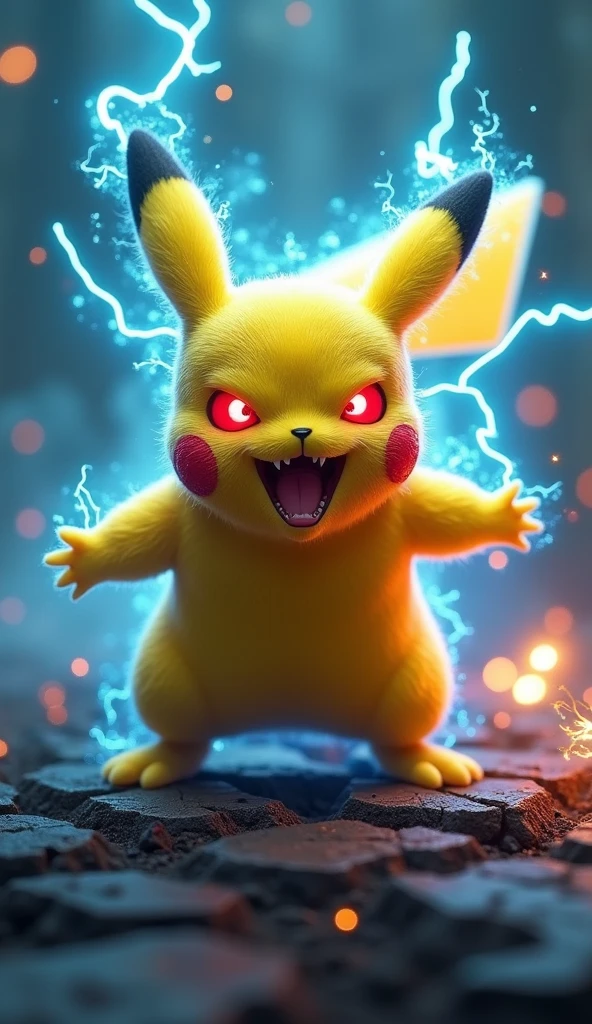 A realistic, mutant-style yellow electric creature inspired by Pikachu, standing in a fierce battle pose on cracked scorched earth. Its red eyes glow with rage, mouth open showing sharp fangs, surrounded by crackling blue electricity and smoke trails. The atmosphere is intense with dramatic lighting from below, cinematic background with ember sparks and a glowing electric aura. The creature's fur is slightly matted from power overload, ears upright and charged with energy. Stylized ultra-detailed rendering, 3D lighting, high resolution, cinematic concept art, dramatic composition, RAW render, sharp focus.