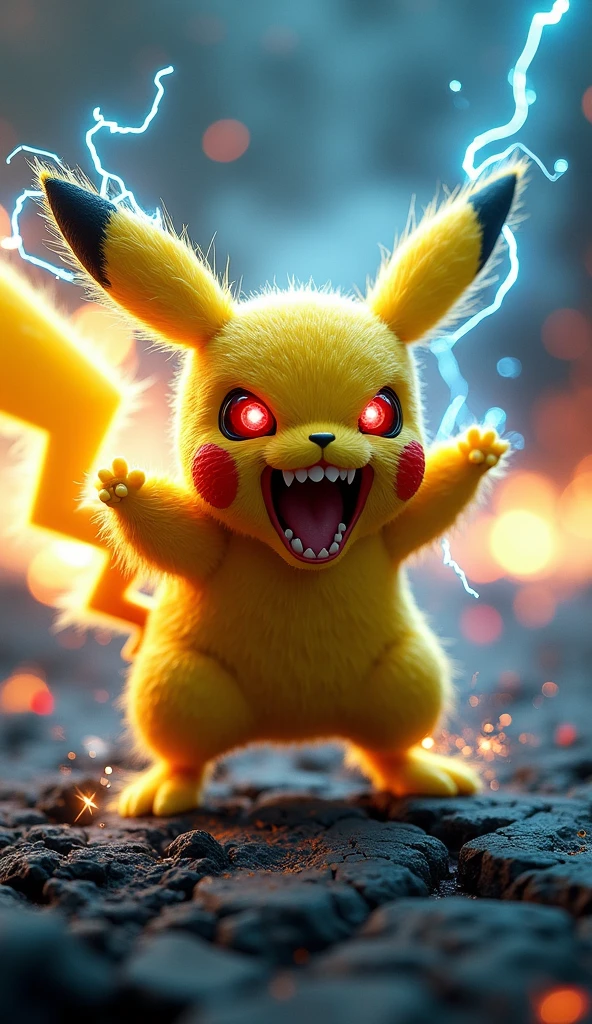 A realistic, mutant-style yellow electric creature inspired by Pikachu, standing in a fierce battle pose on cracked scorched earth. Its red eyes glow with rage, mouth open showing sharp fangs, surrounded by crackling blue electricity and smoke trails. The atmosphere is intense with dramatic lighting from below, cinematic background with ember sparks and a glowing electric aura. The creature's fur is slightly matted from power overload, ears upright and charged with energy. Stylized ultra-detailed rendering, 3D lighting, high resolution, cinematic concept art, dramatic composition, RAW render, sharp focus.