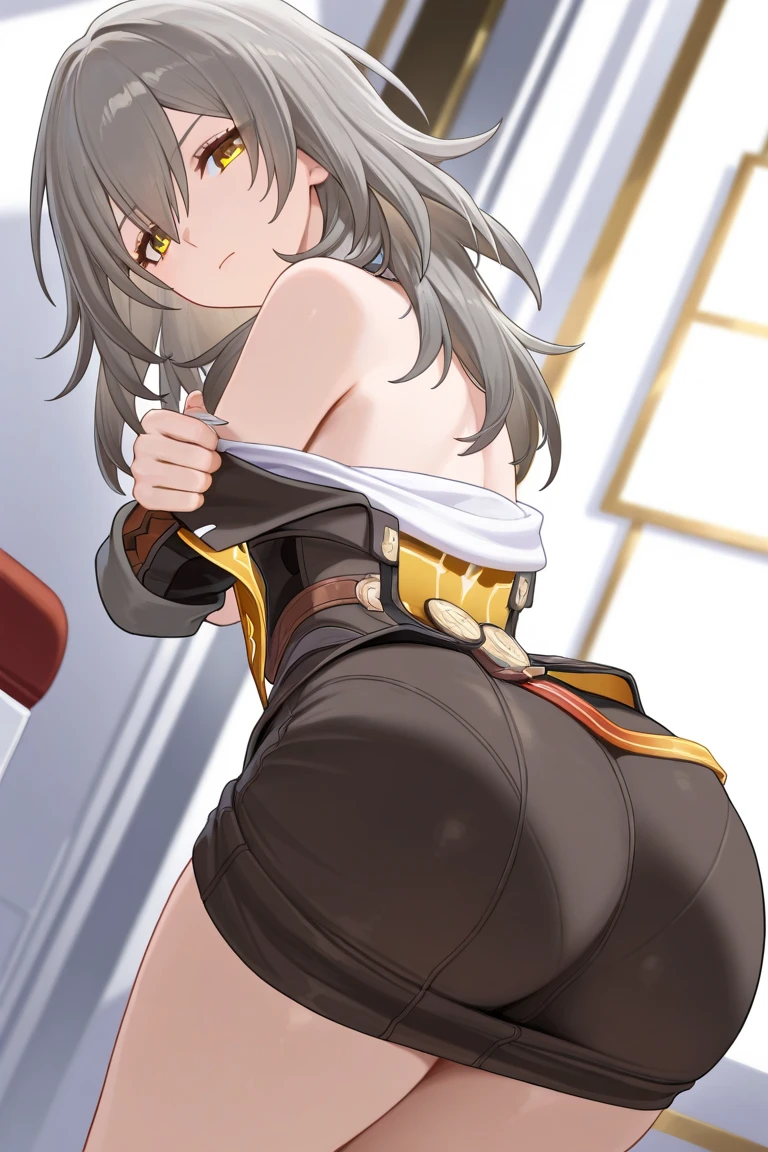 short (messy hair) (masterpiece), best quality perfect face beautiful girl, feminine, defined curves, cinematic, aesthetic, shadows, gorgeous, amazing, cute girl (busty) medium breast) (large ass) (bubble butt) barefoot, brown hair, (with orange streaks) , detached sleeves bare shoulders, defined abdomen, sleeveless (thick thighs),(masterpiece), best quality, expressive eyes, perfect face, symbol-shaped pupils, (yellow eyes:1.3), flower-shaped pupils, black shorts, on pirate ship bedroom, shaft head tilt pose (from side) full body