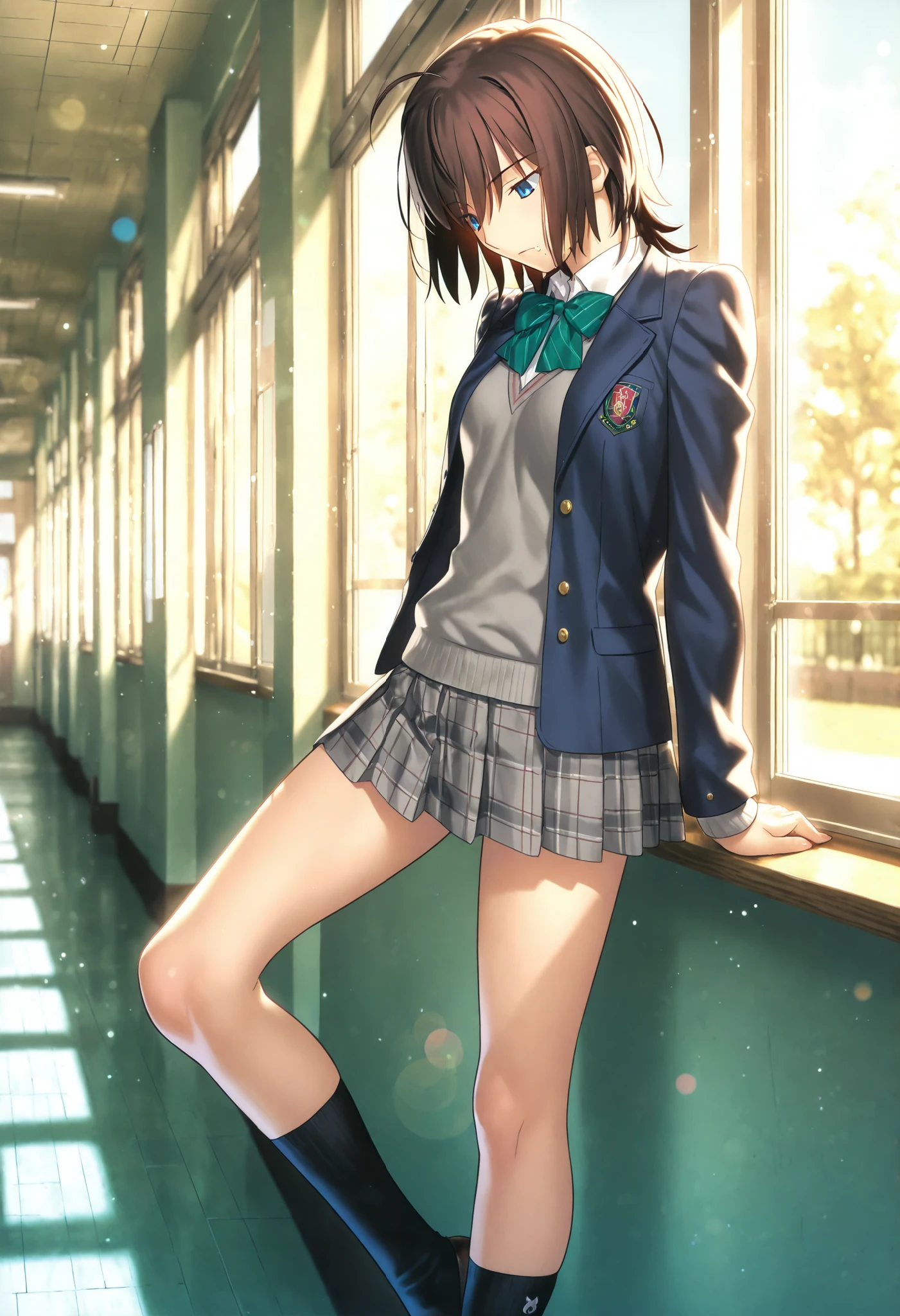 masterpiece, , absurdres, highres, detailed background, high resolution, masterpiece, necessary, detail, best quality, quality, necessary, details, High details, Precise, 8k, indoors,(school, hallway, colorful light particles, powder light,),day lens flare, blurry background, from side,
1girl, , koyama hirokazu (type-moon) style, ,Takeuchi Takashi style, (aged up),((very long legs)),(leaning on window),
very tall girl, (slender body, slim arms, slim body), solo,, el3gymaster, mole under mouth, one mole, , ((wolf cut hair)), dark brown hair, medium hair, blue eyes, half-closed eyes, tsurime, bangs, hair between eyes, ahoge, ,(school uniform ,dark blue open jacket ,gray sweater, white undershirt ,grey brown skirt, pleated skirt, plaid skirt),black socks, small breasts, looking down,((green bowtie)) ,, , , , , ,