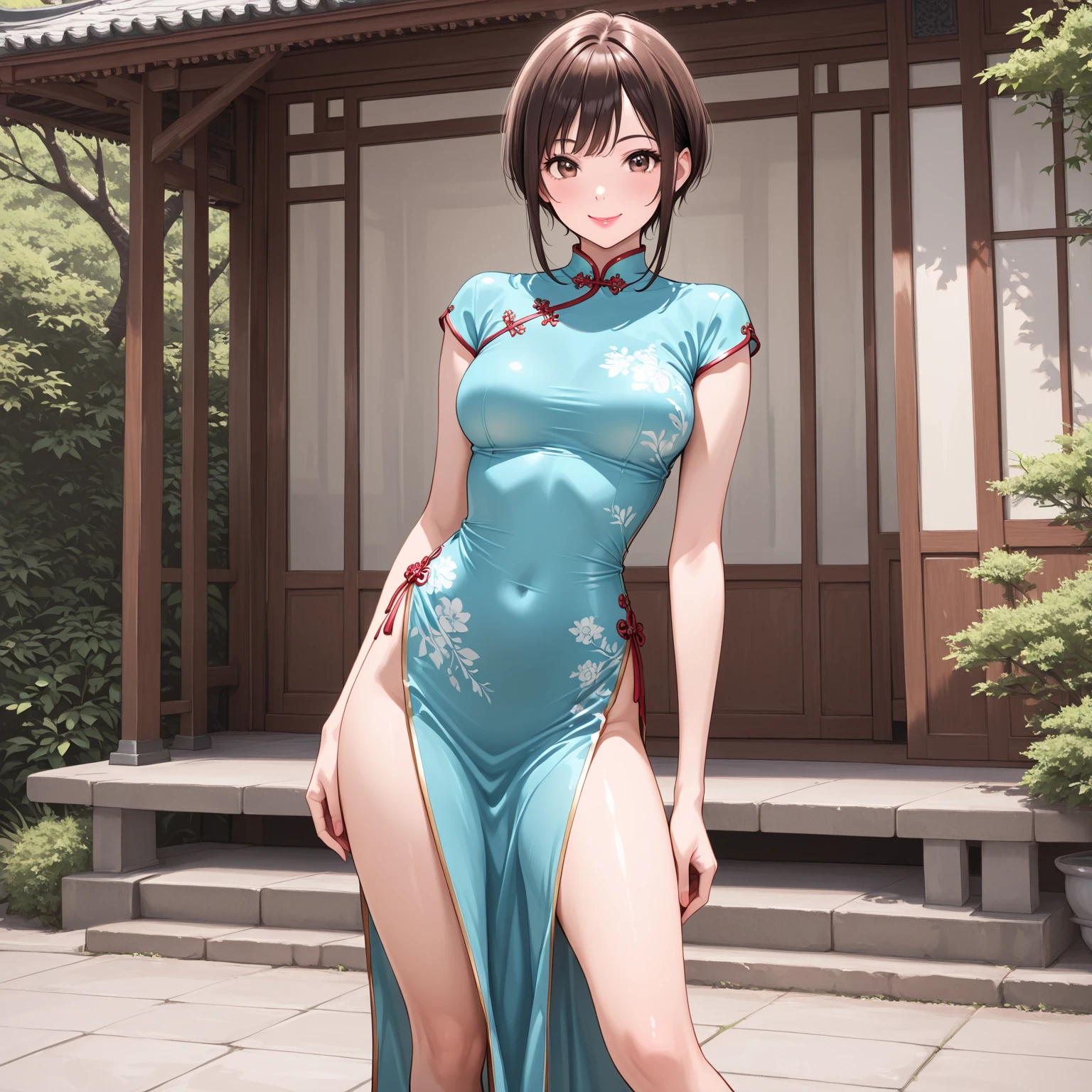 a sexy woman, (best quality), (masterpiece), (1girl), slim, anime, (flat chested), (chinese dress), (standing), (protrait), (full body view), (naked legs)
