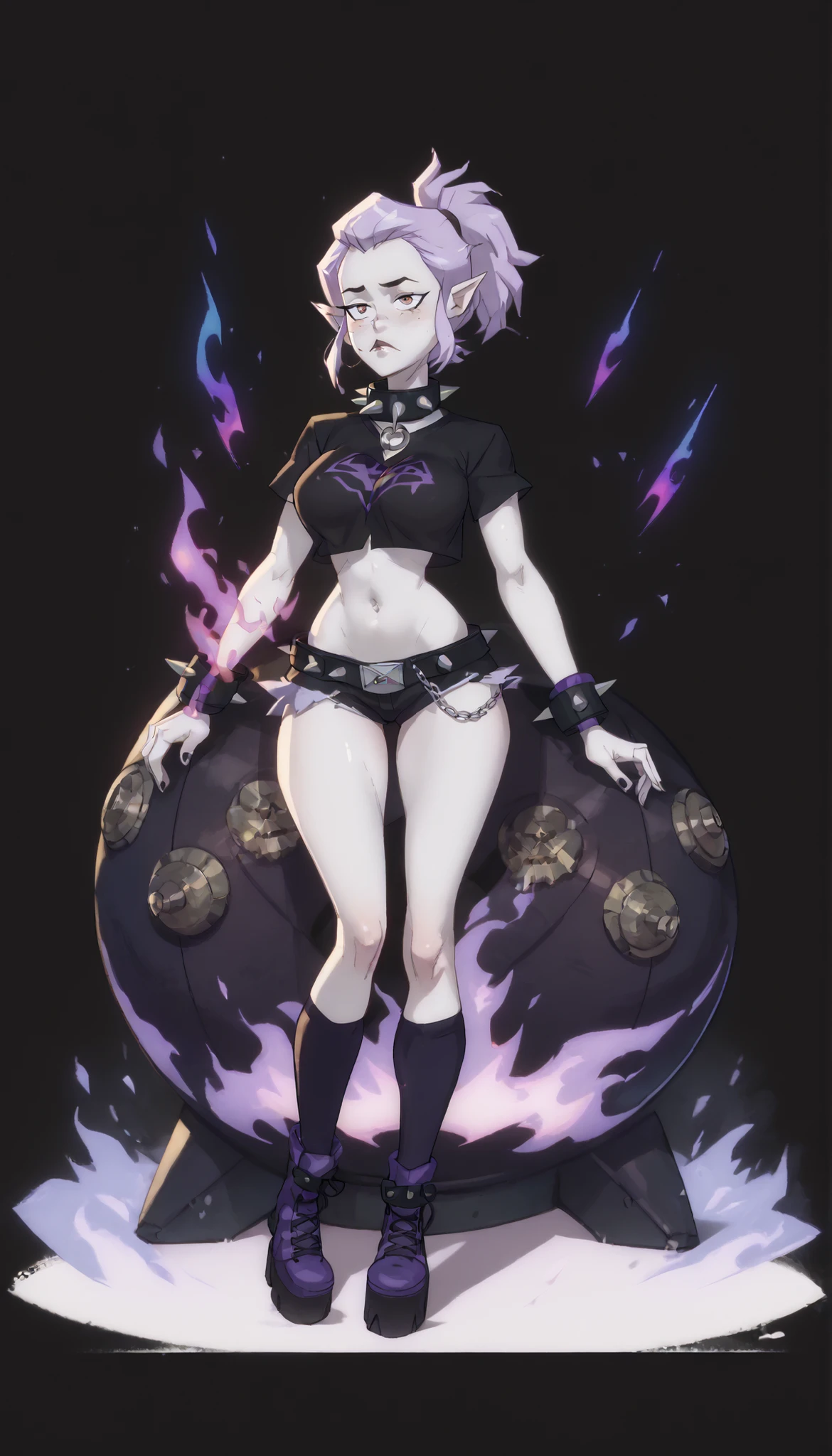 ((My Hero Academia Style)), ((Amity Blight)), (The Owl House), High resolution, ultra detailed, (only 1 girl), (((Pale skin:1.5))), ((1girl)), ((full body)), (((Dark cropped shirt that only reaches the navel))), ((Abdomen exposed)), ((Elf ears))), ((Sleepy and tired eyes)), ((Pants with chain on one side)), (((Purple hair))), (((Short hair with ponytail and very long bangs))), ((Dark purple eyeliner)), ((Light purple eyes)), ((Bracers with spikes)), (((Spiked collar on the neck))), ((Violet Fire Summoning Powers)), bright illumination, (perfect eyes), (perfect hands), ((Perfect Anatomy)), ((((full body photo:1.5)))), ((big breasts)), ((thin waist)), ((wide hips)), ((attractive face)), ((black combat boots)),