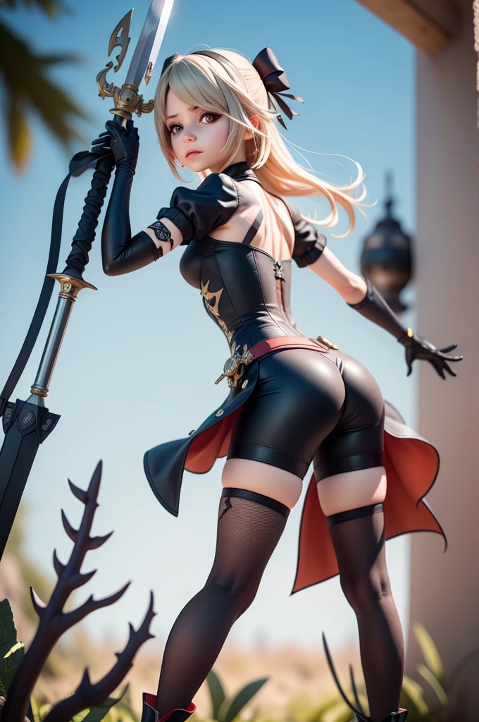 (best quality,4k,8k,highres,masterpiece:1.2),ultra-detailed,((shoujo girl)),((fox girl)),((medium hair)),((full body)),((stand pose)),((((very baggy and long cotton leg warmers)))),((bare feet)),((thong)),((short blouse)),((((carrying a giant sword)))),((fully detailed)),illustration,vivid colors