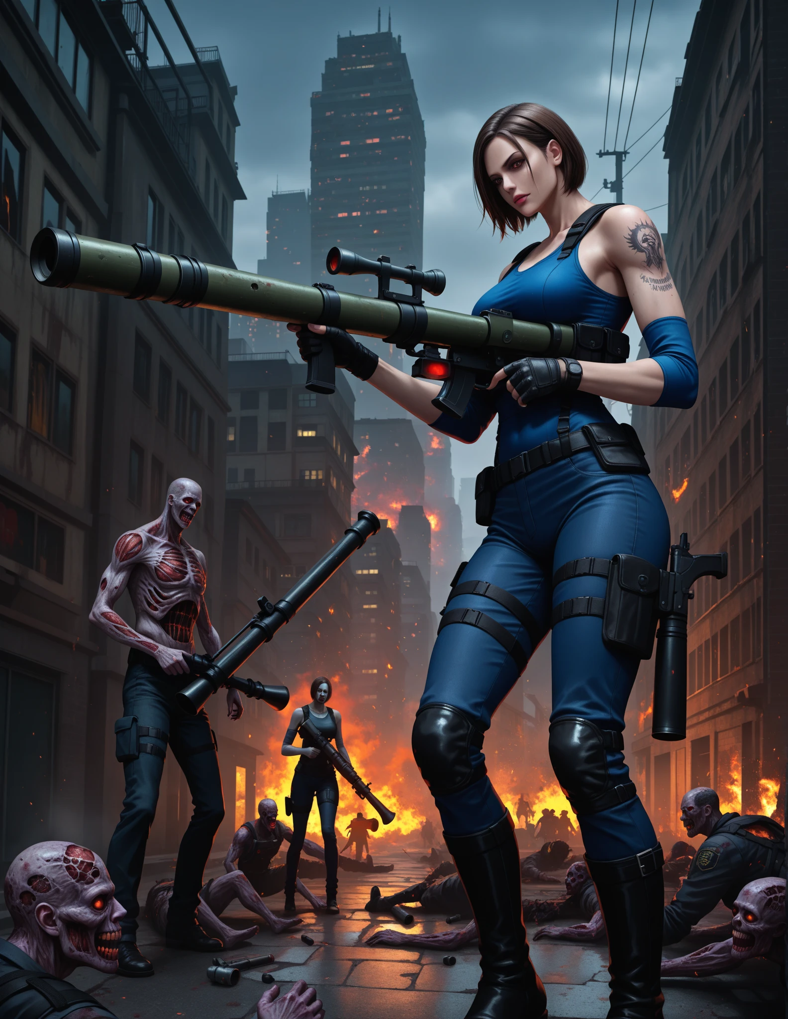 (Resident Evil 4:1.5), (full body photo:1.7), (An elf woman and several zombies in the background:1.5), (she has gigantic breasts:1.9), (She's in Resident Evil 4+Leon's clothes with black T-shirt+brown leather chorte+extremely tight on her body:1.4), (decomposing zombies behind her:1.5), (her walking in a city at night:1.5), (she has short brown hair:1.3), (she has blue eyes:1.3), (she's doing poses+for the viewer+holding an armada), Hyperrealism, 16k, best quality, high details, UHD