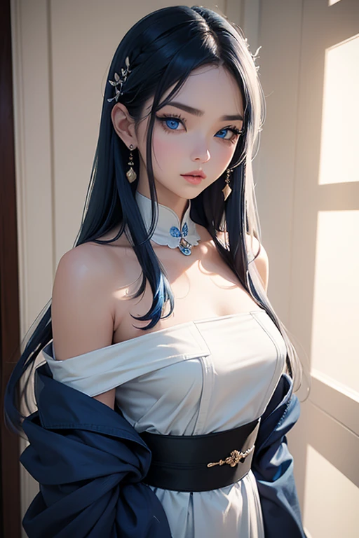 houki, 1girl, solo, long_hair, breasts, looking_at_viewer, blush, blue_eyes, large_breasts, black_hair, ribbon, bare_shoulders, very_long_hair, hair_ribbon, ponytail, outdoors, sky, sleeveless, day, cloud, blue_sky, no_humans, halterneck, frown, crossed_arms, :<, split_ponytail