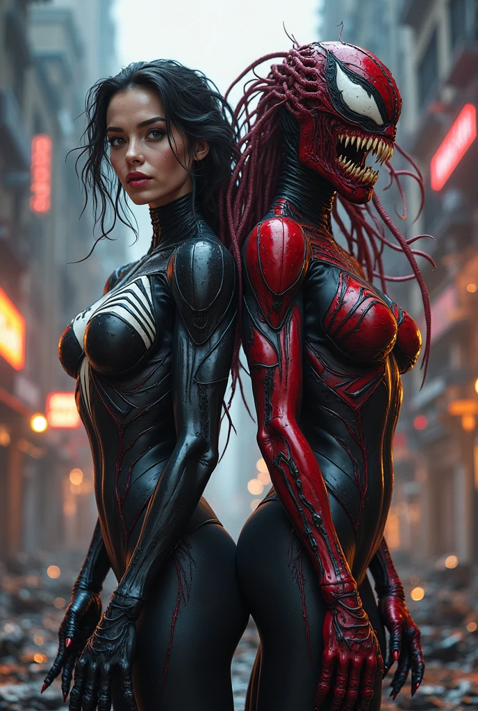 Horror-themed <lora:She-Venom-FFusion.LORA:1> a she venom in a red dress is walking down a dark street, cyberpunk art ultrarealistic 8k, 3 d render character art 8 k, hyperrealistic cyberpunk style, trending on artstation 4k, cyberpunk horror style, amazing 8k character concept art, 8k render, 4k concept art and hyper realism, photorealistic dark concept art, cyberpunk dark fantasy art . Eerie, unsettling, dark, spooky, suspenseful, grim, highly detailed