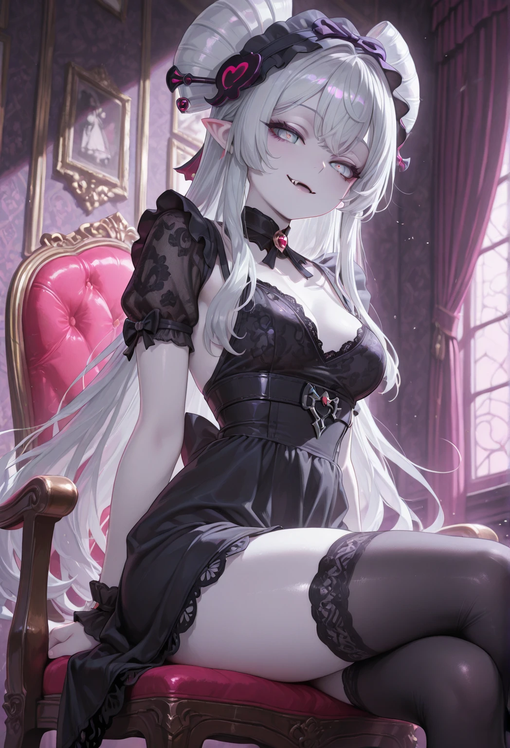 Garota anime com chifres e um livro sentado em uma cadeira, menina anime demon, Demon girl, portrait of demon girl, Succubus bonito, white horns queen demon, Beautiful elegant demon queen, menina necromancer bonita, portrait of a female demon, succubus | medieval, gothic maiden anime girl, com olhos vermelhos brilhantes, menina bonita necromante, menina vampiro