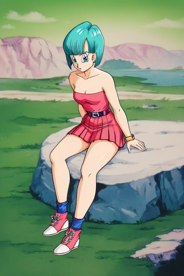 masterpiece, 1080i quality, highest quality, (perfect illumination), (photorealistic), perfect anatomy, perfect face, perfect eyes, perfect hands, perfect fingernails,
<lora:bulmadbzreddress_ex_04_galena3ep:0.8> bulmadbzreddress, aqua hair, short hair, blue eyes, earrings, red dress, yellow scarf, oblique from behind, sitting on grass