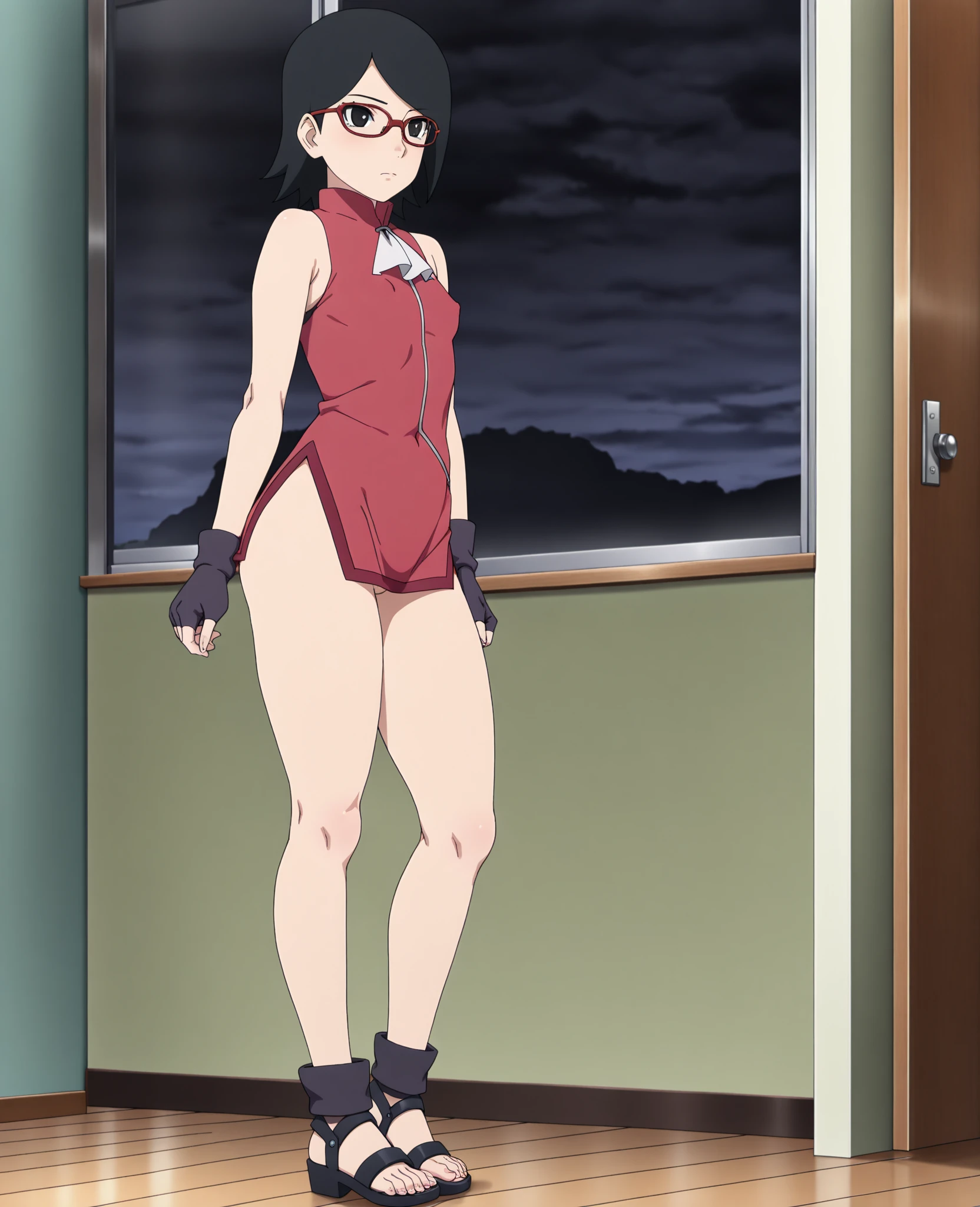 (Best quality: 1.2), 1 girl, (masterpiece: 1.2), ray tracing, cute face, perfect face, ultra-detailed, detailed face, 8k wallpaper, (Wide hips: 1.2), absurd resolution, YaoyorozuMomo_NDV, 1 girl, black eyes, BLACK HAIR, large breasts, long hair, ponytail, high ponytail, belt, (Red leotard: 1.2), deep neckline, gloves, outdoors, bare legs, large stomach, wide waist, rounded, tight dress, charming pose
