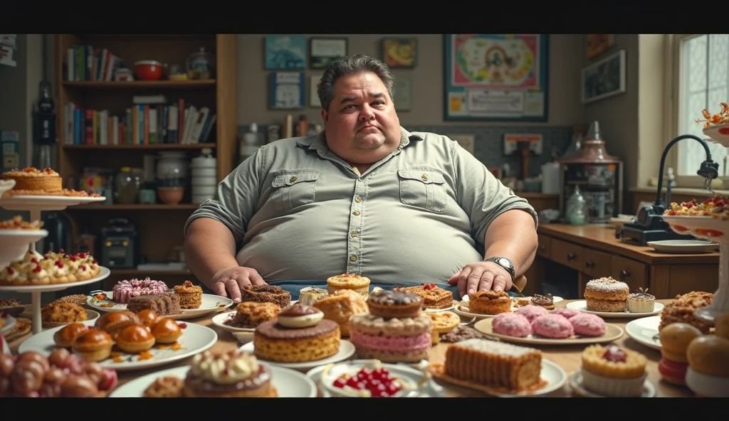 A fat young man is sitting at the table and having in it numerous sweets and he compulsively eats many of these sweets looking anxious, sem mostrar o seu rosto, mas mostrar o ambiente de forma bem detalhada