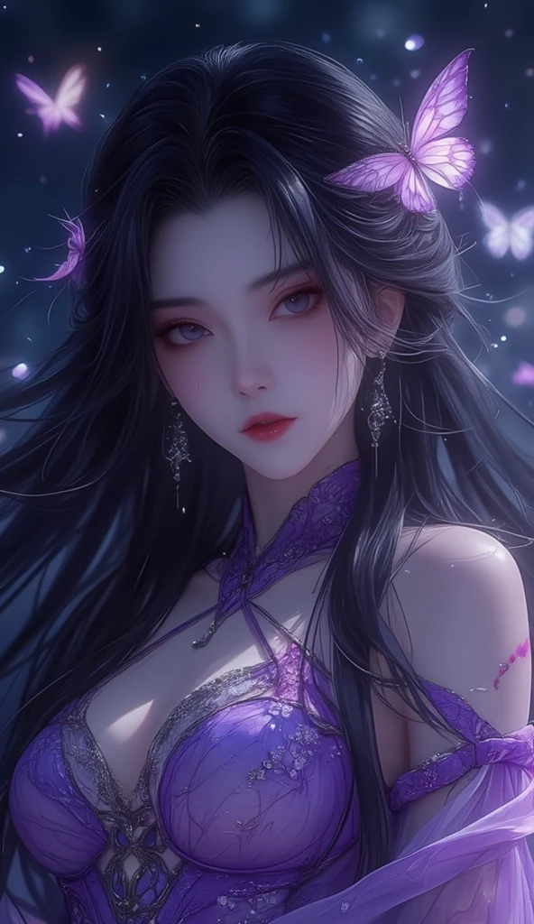 She is a purple mermaid with black eyes, wears a crown atop of her head, a clam on her bra, and has rings on her right finger. She has black hair. SPARKLE; GLITTER