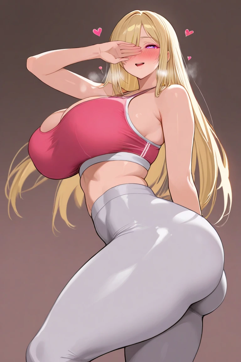 Best quality, massive breasts, gym, in gym, inside gym, sitting on exercise machine, massive ass, very curvy, dark brown skin, long blond hair, yellow eyes, slutty, gyaru, full lips, seductive, smiling, gym, white clothes, yoga pants, gym, massive breasts, wide hips, darkskin, tan, white clothes, yoga, doing yoga, yoga pose, front view, sweat on breast, sfw , sitting in gym on exercise machine, sitting on exercise machine, exercise machine,
