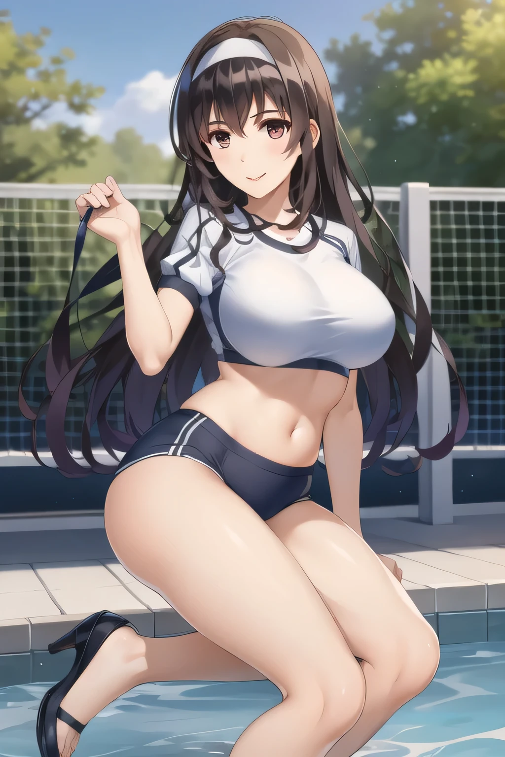 ((masterpiece:2.0))、Browsing Caution、1 female(Thick thighs、(Chubby:0.7)、(Disproportionate breasts:1.2)、(Big Breasts:1.2)、 Childish face、(Brown Hair:1.2)、Shoulder-length hair、ponytail、Yellow-green eyes、15 years old、(Embarrassing:1.6)、(Ahegao)、(White Bikini:1.8)、(Micro Bikini:1.7)、(shortness of breath)、(Stick your ass out)、Rubbing thighs together、Leaning forward、Bite、Clean hands)、whole body、(View from behind:1.5)、Moist Skin、Pool、(night)、Vulgarity