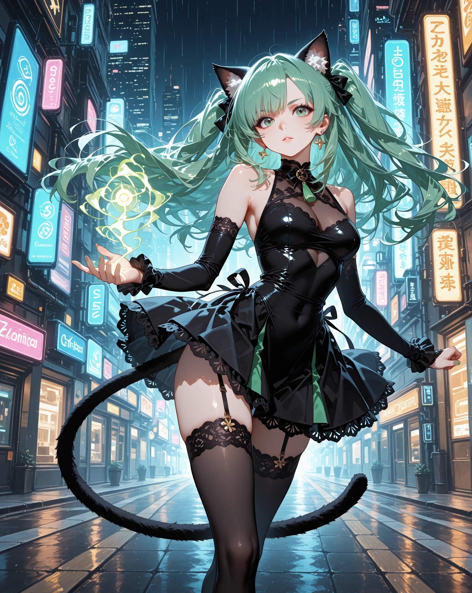 a cute yuna (cosplay of Tatsumaki, foam green hair, sexy slinky black iconic dress, high split up thighs (panties partly exposed)), she is looking annoyed while doing sexy poses, ruined city set
