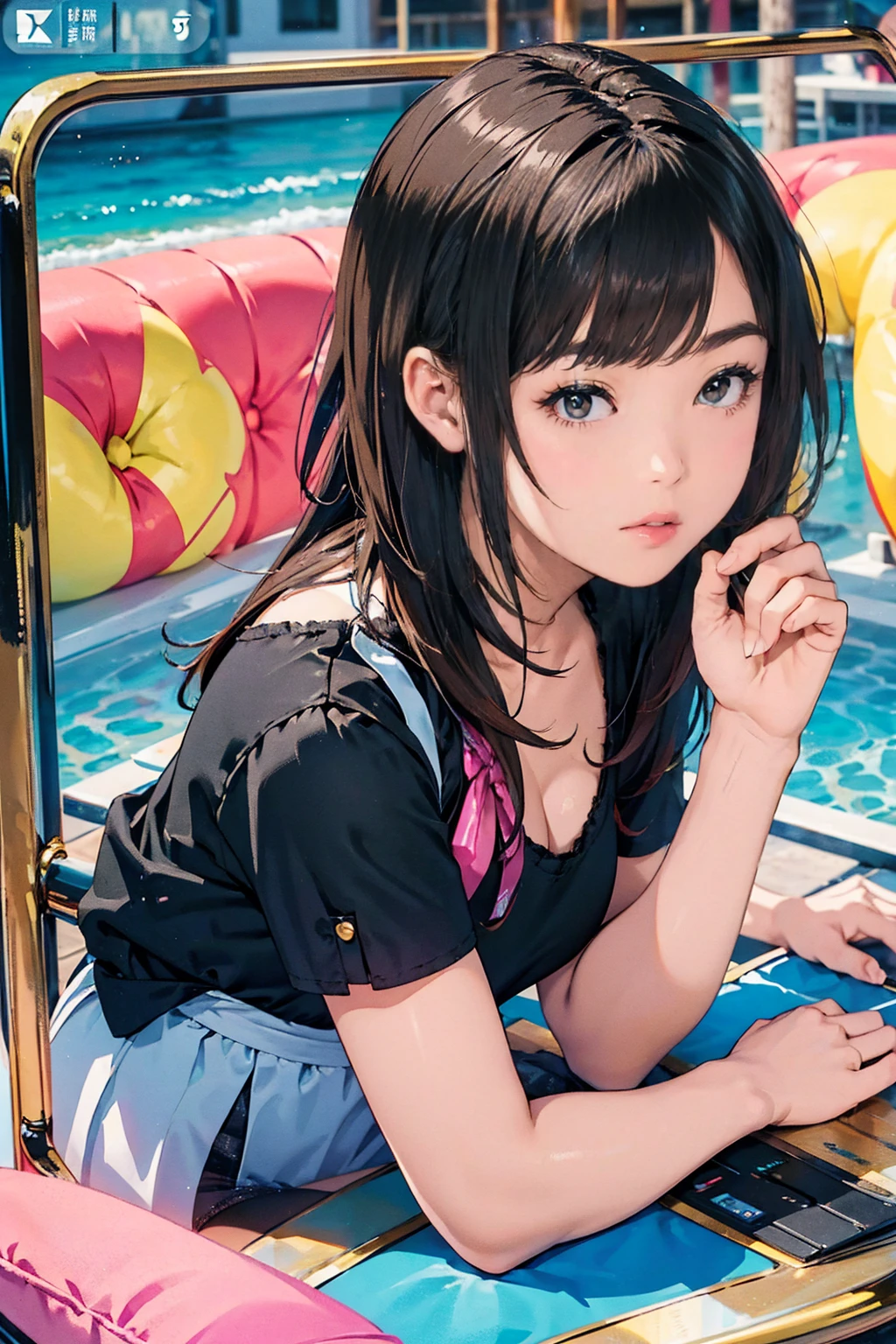 girl、solo、、swimsuit one piece、seductive pose、enchanting smile、beach