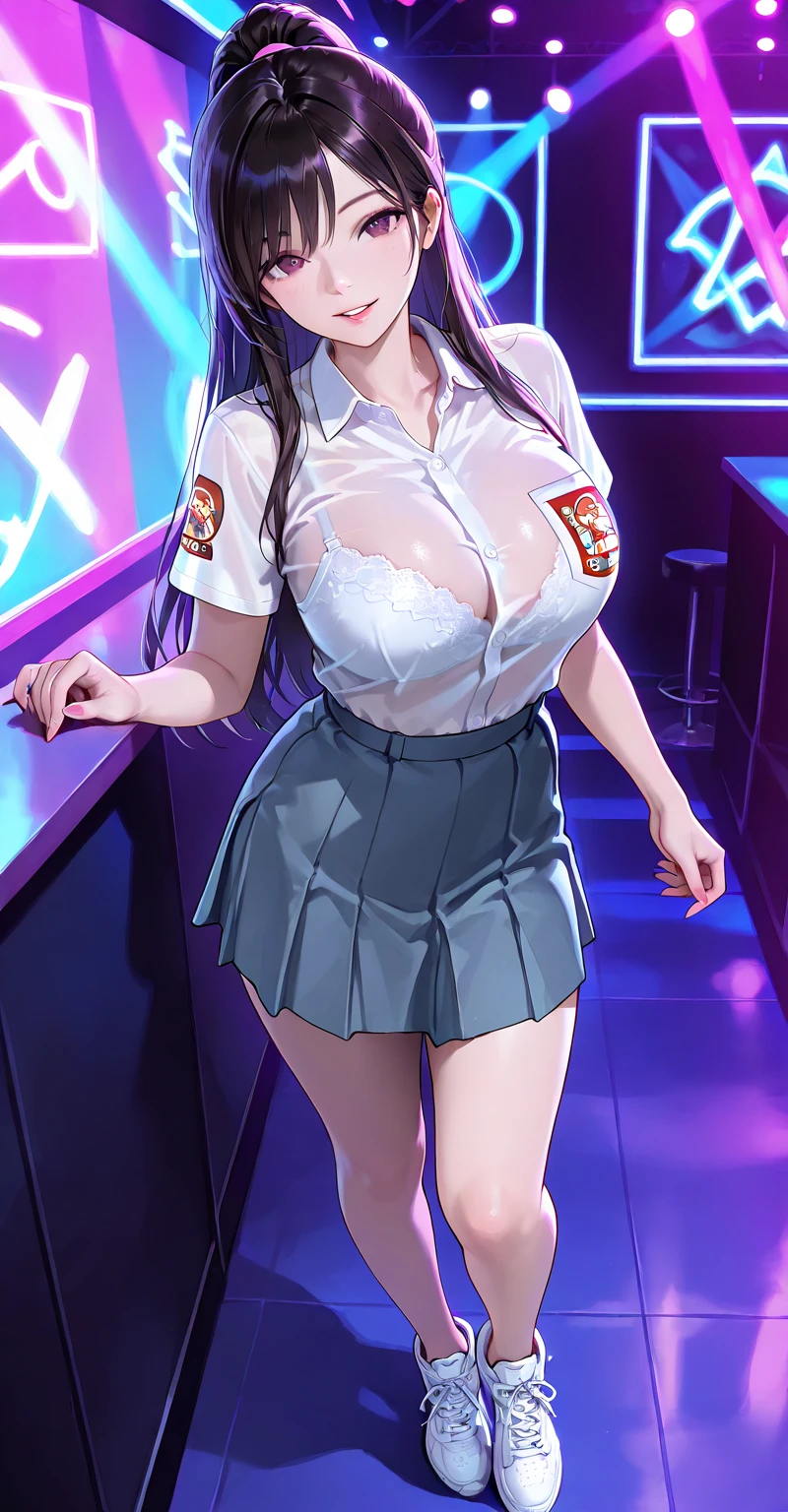 clean face, (masterpiece: 1.2, 8k), (PureErosFace_V1:0.7), perfect anatomy, detailed, medium shot,
(best quality: 1.1), (wide hips: 1.2), masterpiece, best quality
1girl, breasts, skirt, shirt, holding, cleavage, underwear, black eyes, collarbone, panties, white shirt, white hair, ass, indoors, clothes lift, impressive breasts, looking to the side, leaning towards the front, wavy hair, raised skirt, table, lace trim, lace, pencil skirt, steamy body, purple panties, lace panties, chest rest, cue, leaning against table, pool ball, pool table