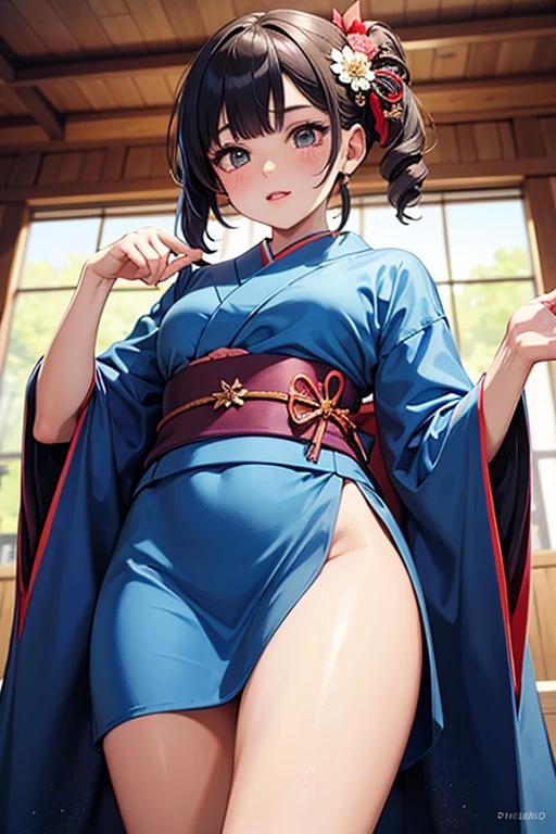 (masterpiece, best quality:1.2),solo, (1 female,short hair),dark skin,sweating skin,in a Japanese bedroom,(Wearing a loose Kimono),(Her hands lifted her Kimono to reveal her panties:1.7),Lower focus,(scowl, disdain, endured face)