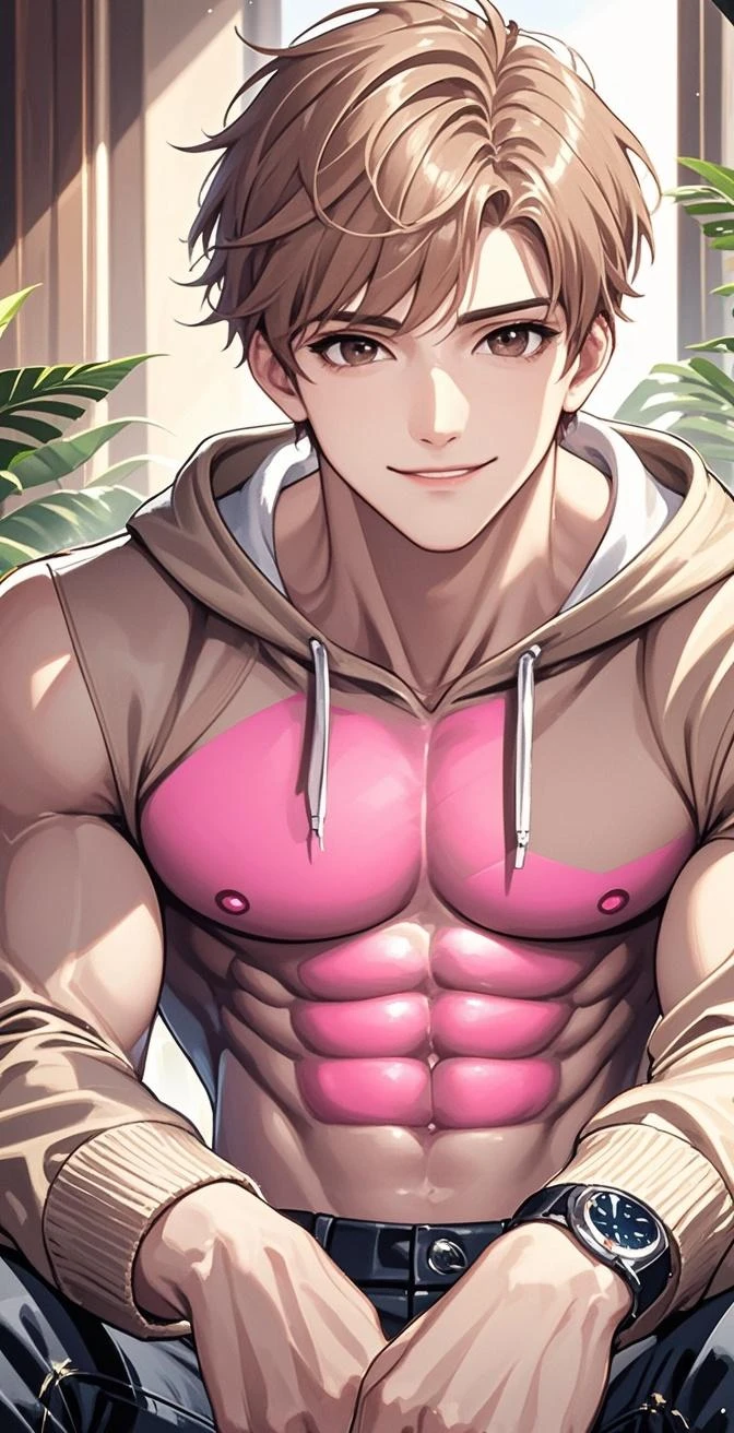 (masterpiece, best quality), 2 boy, young man,Shyness blush,musculous, short blue purple and pink-orange hair, Dark gray eyes, complex, (dress room), full bodyesbian, White baseball uniform, Open light purple jacket, Pectoralis abdominal muscles,vivd colour,(depth of fields:1.2),(abs),Be red in the face,looking at viewert,A piano,spread their legs,