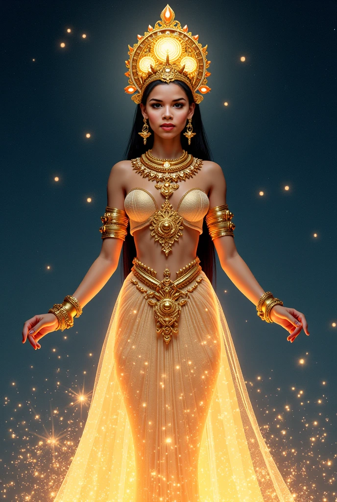 Woman in an elegant headdress, resembling a crown.
full height, with smooth and feminine shapes.
A face with a mysterious smile, glowing lines on the skin.
Translucent suit with metallic inserts, form-fitting and flattering.
Background: space landscape or the inside of a spaceship.
confident look.