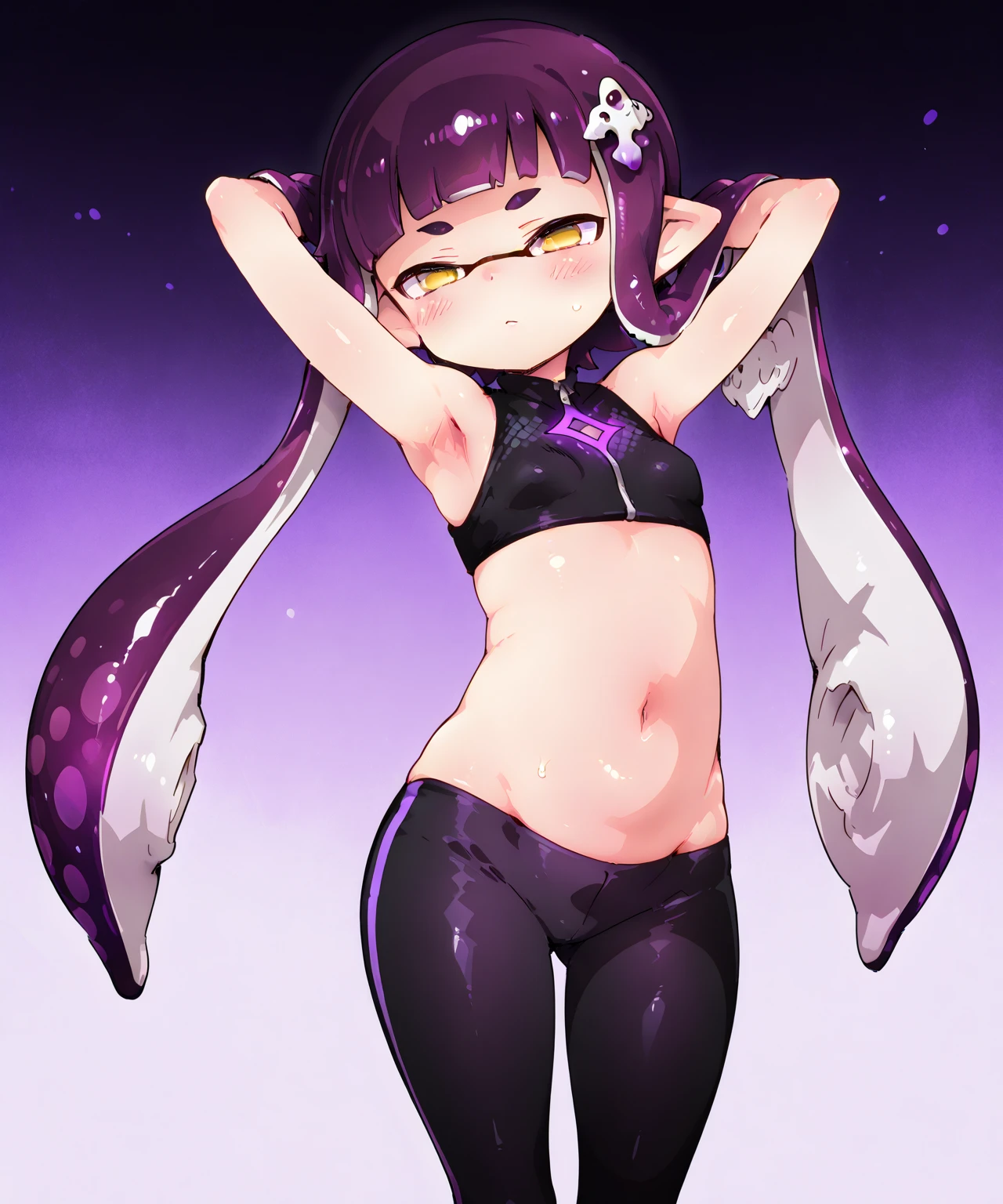 (((scrawny))),(Wheat skin),(Dark Skin),((high school student)),((tanlines)),(side ponytail,ahoge,One eye is covered by hair),((Purple Hair)),(fluorescent pink streaked hair),(Green Eyes),Slanted Eyes,Scrunchie,BREAK,(Micro Bikini),((One leg up)),Cowboy Shot