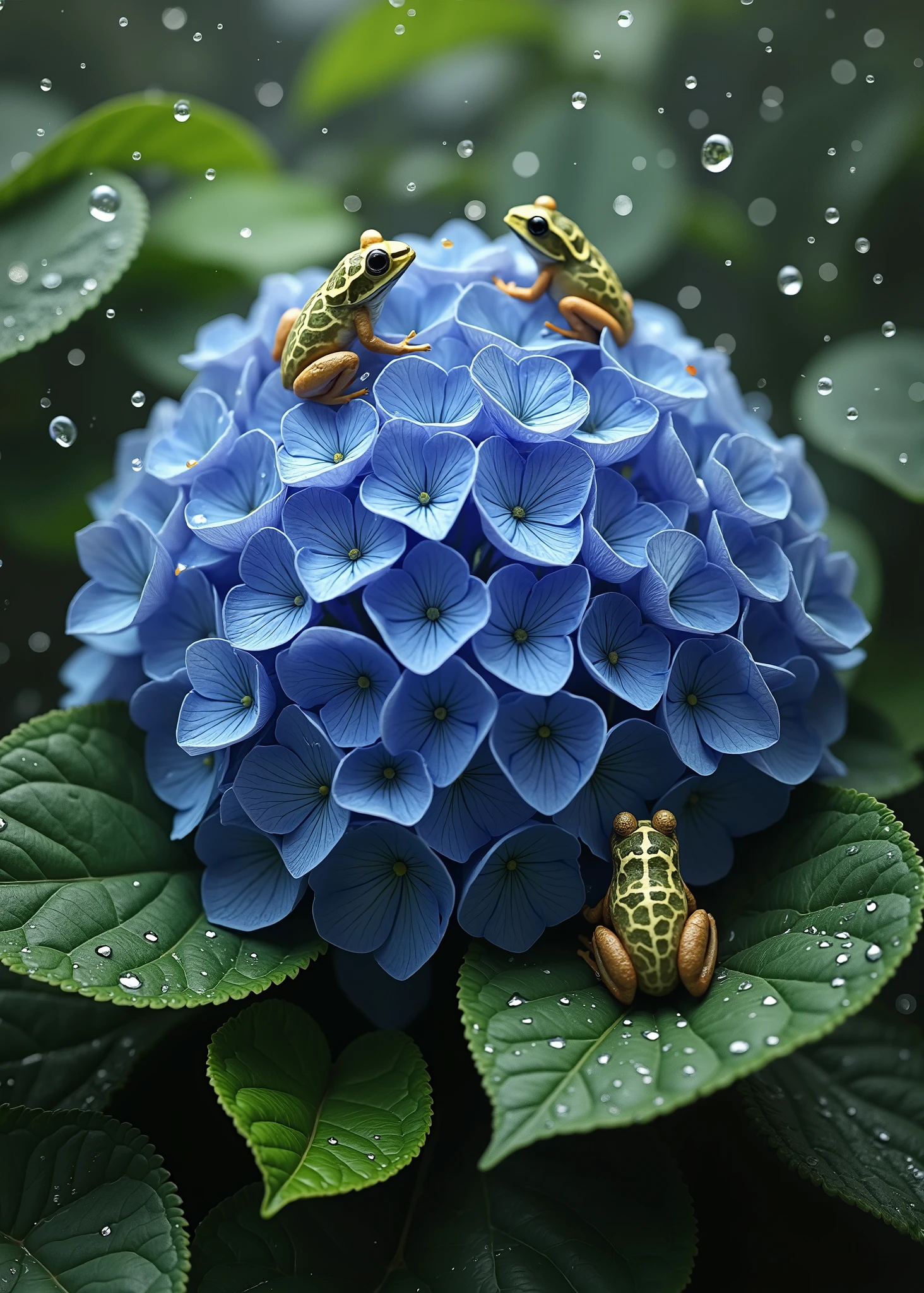 Hydrangea flower close-up、There are rain frogs on leaves、rain drops on flowers and leaves、Realistic and high-resolution