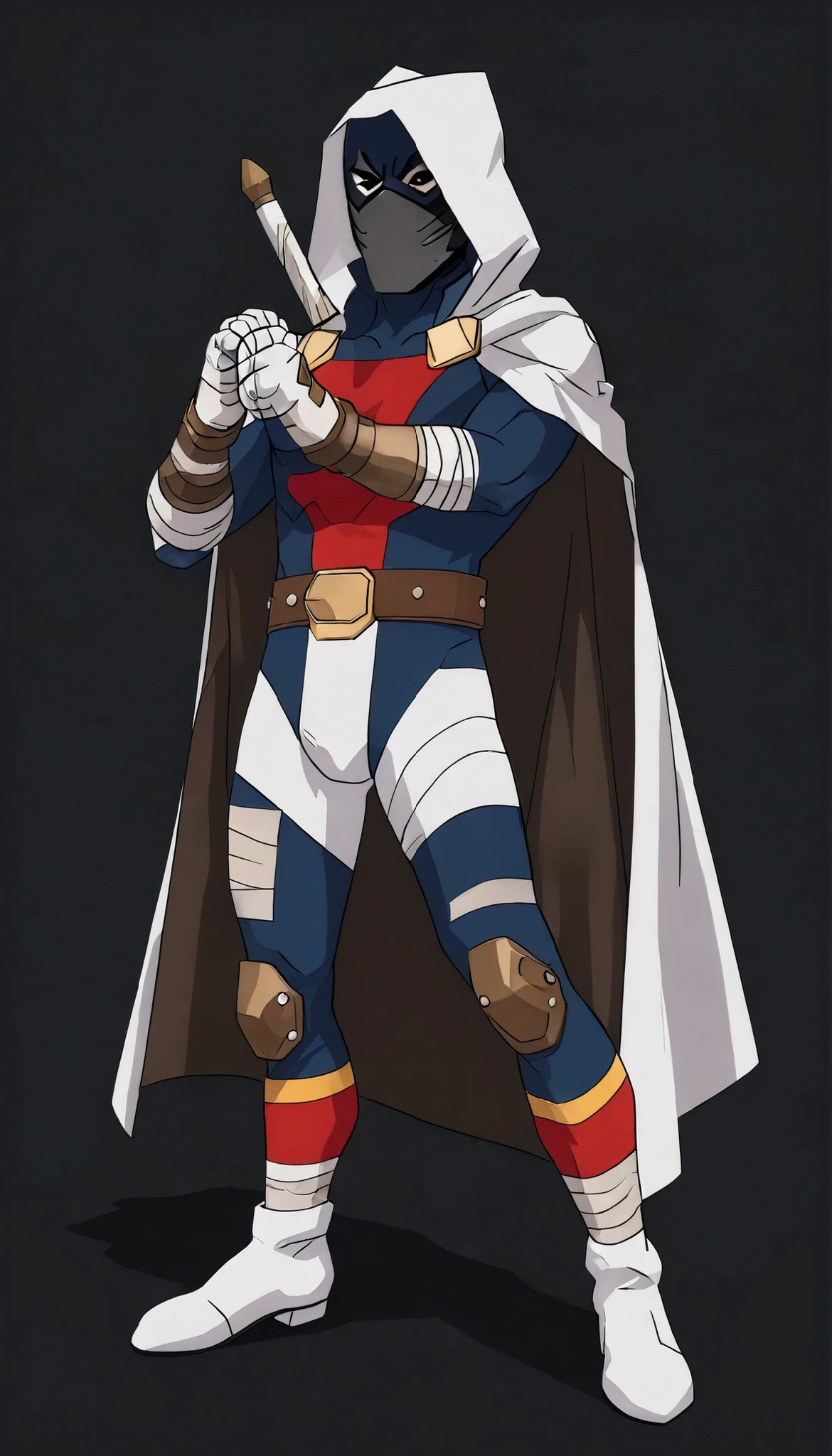 (My Hero Academia Style), (High Quality), 1boy, Young male, solo, (Anthro), Moon Knight, Marvel Rivals, (White Ranger), (Power Rangers), (Ranger suit), (full body suit made of colored bandages), (Asymmetrical colored hero suit), (Full body hero suit made of colored bandages), (Asymmetric Bandage Hero Suit), (Asymmetric Color Hero Suit), (black metallic gauntlets and boots), (black elbow and knee pads), (hood up made of bandages), (hero cape made of bandages), (hood up), (hood), (hero cape), (black multi-function belt), (face covered), (face covered), (black mask with white eyes), (black bandage mask), (white eyes), Looking at the Viewer, perfect anatomy, perfect hands, super detailed, (simple background), heroic pose, (Full Body Photo:1.5),