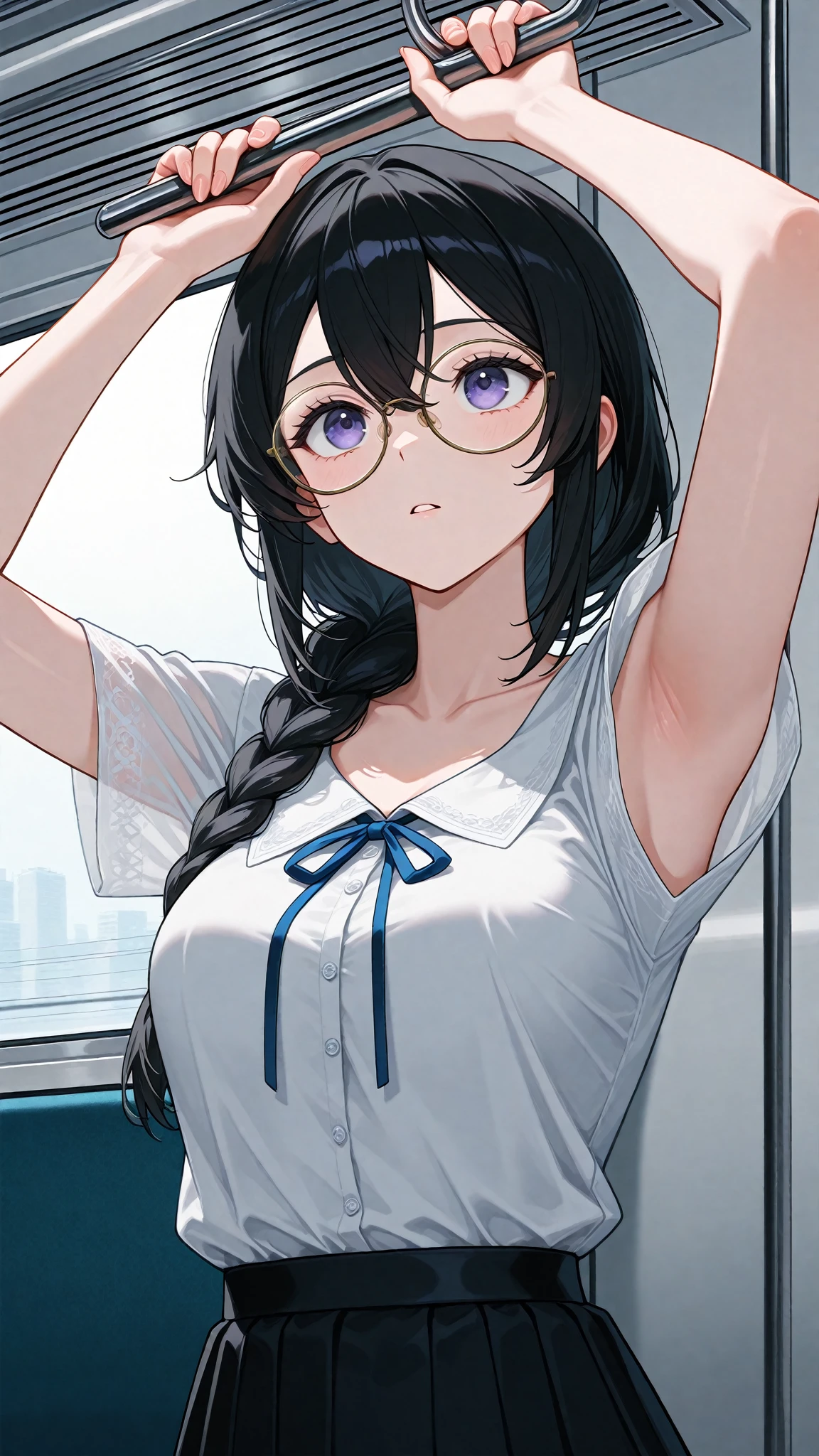 zenin_maki,ponytail,glasses,bangs,green hair,brown eyes,large breasts,slender,(white gym shirt, short sleeve,gym uniform,dark blue buruma:1.3),(upper body:1.3), embarrassed ,blush,masterpiece,Noise Reduction,perfect anatomy,high resolution, ultra-detailed, ultra-detailed face,game cg,dutch angle ,beautiful detailed eyes,visualart,five fingers, perfect hands, perfect lighting, sparkling pupils,