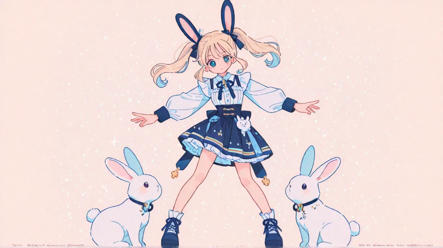 ((best quality)) , ((masterpiece)) , (detailed),A cute blonde anime girl with red eyes and long hair in pigtails. She is wing pink pajamas covered in the style of white snowflakes. There is an animal on her shoulder. She has blue ribbons tied to the back of each . The background is a cl sky.，((full body))