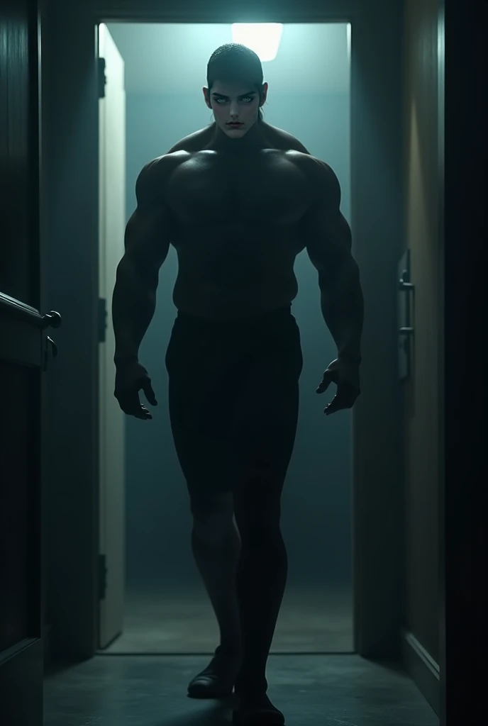 Create a realistic cinematic-style image of a dolphin-man walking down a narrow alley at night. The scene should be dark and atmospheric, with the alley illuminated by dim, flickering streetlights that cast long, eerie shadows. The dolphin-man, with a humanoid body and a dolphin's head, should be portrayed as mysterious and slightly ominous, with the wet pavement reflecting the sparse light, enhancing the moody, nocturnal setting.