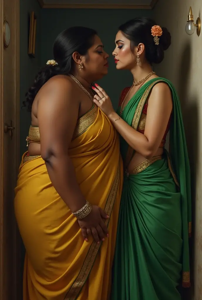 A radiant, full-figured South Indian plus-sized 30 year old teacher wearing a red transparent chiffon saree tenderly hugging and kissing a group of jubilant 20-year-old men in class room, captured in a full-body image with vibrant hues and meticulous details.