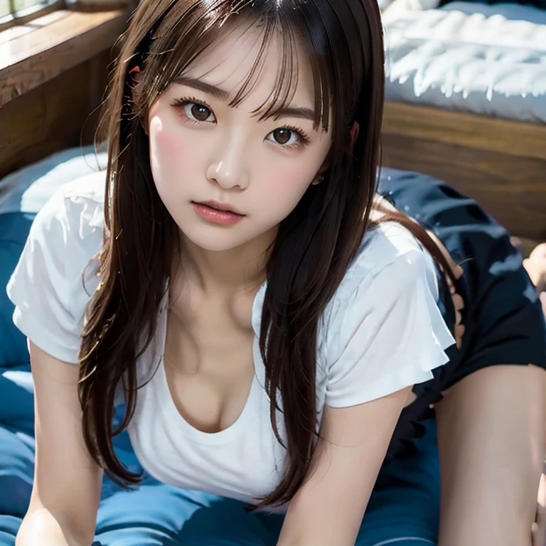 (8k, RAW Photos, Realistic:1.25) ,( Lip gloss, eyelash, Shiny surface, Glowing Skin, highest quality, Ultra-high resolution, Depth of written boundary, chromatic aberration, Caustics, wide lighting, Natural Shading,K-Pop Idols) She gazes upon the viewer with a calm, goddess-like happiness., Wear a T-shirt、((Sexual seduction pose:1.5))、((Panties:1.5))、