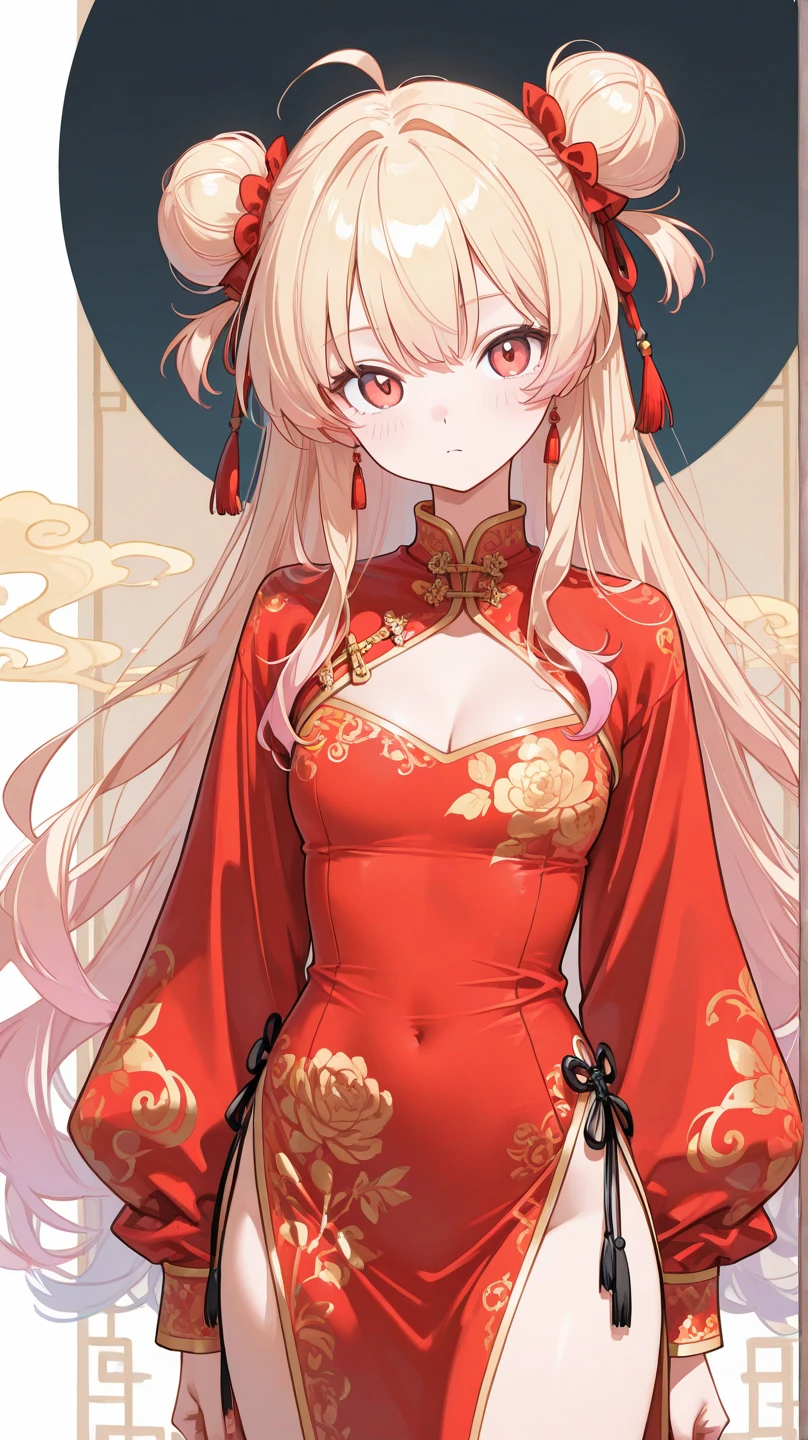 happy girl in vibrant Chinese attire, adorned with intricate patterns, symbolizing prosperity. Lanterns emit warm light.,