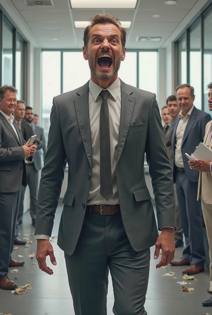 A man screaming of wining a fight with a monster, wideshot, make him wearing suit