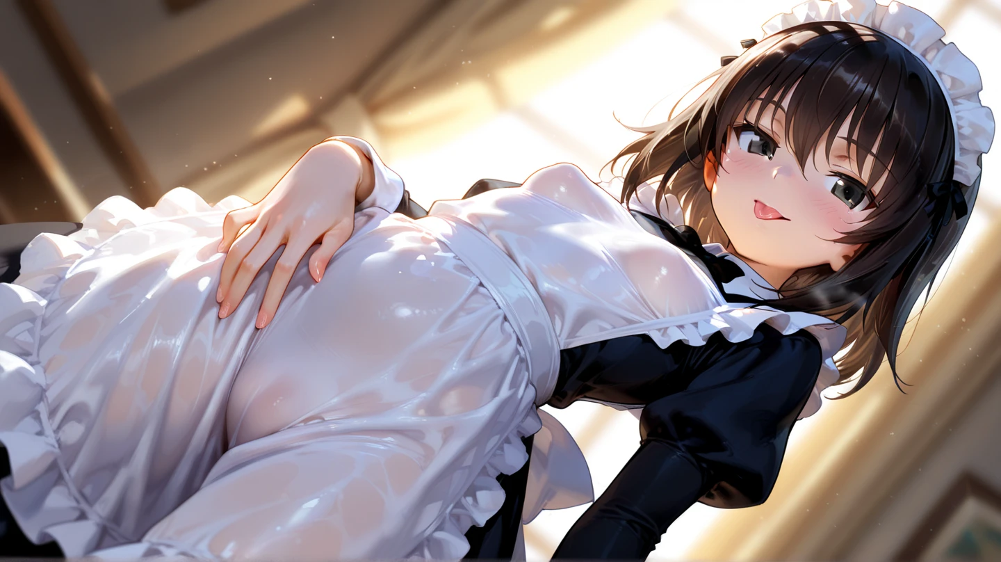 best quality, ultra-detailed, illustration, beautiful detailed eyes, 18 years old, cute, kawaii, maid uniform, detached sleeves, 1girl, hetero couple, 1boy, penis, pubic hair, sex, high quality, high resolution, night, bedroom, skinny, round face,large breasts, slim legs, flat ass, dark brown hair, dark brown eyes, clothes pull, presenting, embarrassed, orgasm, sweat, steaming body, depth of field, blurry background, bokeh, motion blur, cinematic lighting, professional lighting, pussy juice trail, cum in pussy, nsfw,peace sign,bed room,