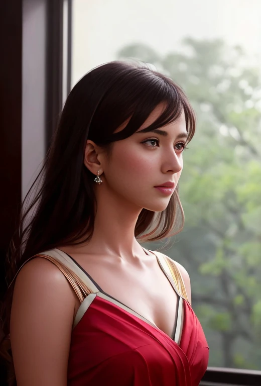 (Masterpiece:1.3), (8k, Photorealistic, RAW Photography, Best Quality: 1.4), (1girl), Beautiful Face, (Realistic Face), Beautiful Hairstyle, Realistic Eyes, Beautiful Details, (Realistic Skin), Beautiful Skin, Attractive, Ultra High Definition, Ultra Realistic, Very Detailed, (small breasts:1.3), (cleavage:0.8), Japanese who looks like Emily O'Hara Ratajkowski walking the runway at a fashion show, semi-long curly hair, bangs, (Brown hair, small breasts:1.3), ((slim figure)), Small buttocks, ((shrine maiden, off-shoulder)), poses of fashion models