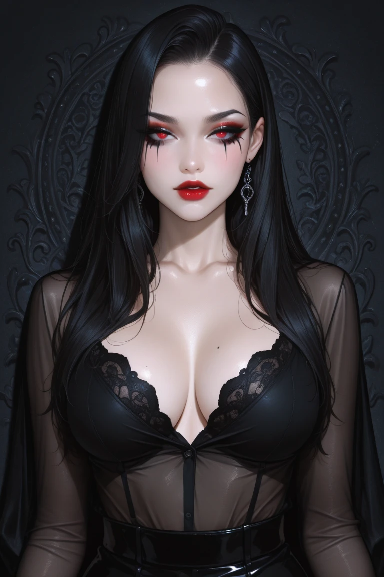 (best quality,highres:1.2),horror,beautiful detailed eyes,beautiful detailed lips,gothic style portrait,ultra-detailed hair,realistic skin texture,gloomy atmosphere,red eyes, natural perfect breast,,dark lighting,gorgeous black dress,hauntingly beautiful,subtle shadows,emotive expression,moody background,gloomy ambiance.
