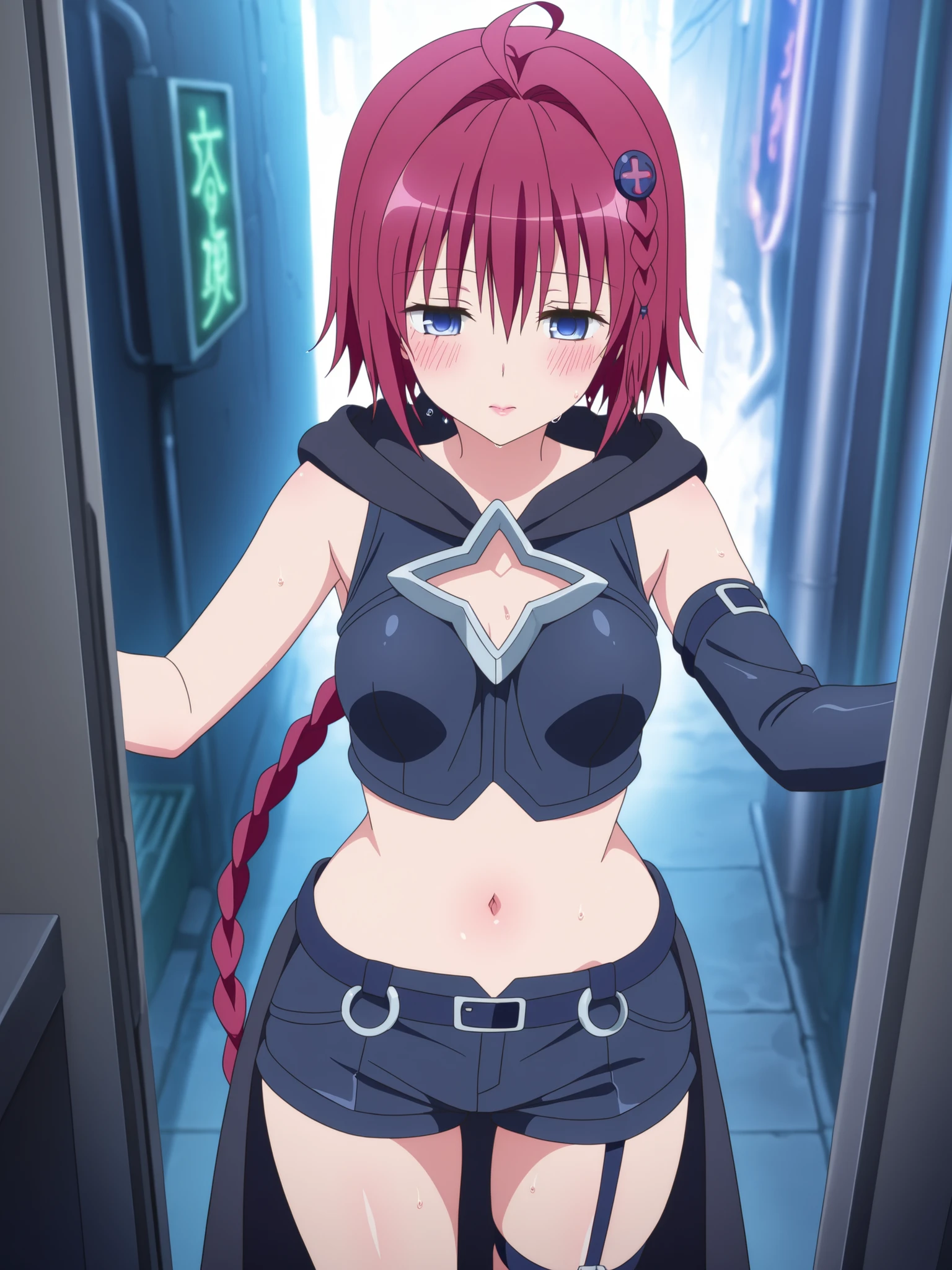 Close-up shots of sexy parts. Glamorous skin, Delicate, Wet skin feel, Busty elements, Sweat drops, Very delicate depiction of hair, Small breasts, Dynamic poses. Breasts, (masterpiece, top quality), very beautiful, Absurd, highly detailed CG unity 8K wallpaper, Spanish illustration, (glamorous look), anime style 4k,, anime moe art style, anime art wallpaper 4K, high quality anime art style,CUTE ANIME GIRL, depth of field, perfect hands, nice, familiar with digital animation art, anime art wallpaper 8k,,, 5_ others, 4_ others, 1_ parents also viewed, Face in love, blush, half closed eyes,   



ToLOVEる ダークネス / 黒咲芽亜 (Kurosaki Mea)
Prompt:
Mea lounges on a stack of crates in a steamy, rain-slicked cyberpunk alley, her slender yet busty frame wrapped in a black hooded corset with a star-shaped cutout, her large breasts spilling out, their shine captured in a close-up shot. Her long red hair, tied thinly at the back, glows faintly under flickering neon signs. Her exposed midriff reveals her smooth navel, glistening with rainwater in a close-up. The tattered black waist cape, attached to her black shorts, clings to her hips, paired with black arm covers and a right-leg garter belt. She lies on her side, one hand tracing her sexy soles of feet, their delicate arches emphasized. Her blue eyes sparkle with bold desire, lips slightly parted in a soft moan. The low-angle perspective from her hips upward highlights her futuristic yet voluptuous allure, with wet asphalt and holographic graffiti in the background.

