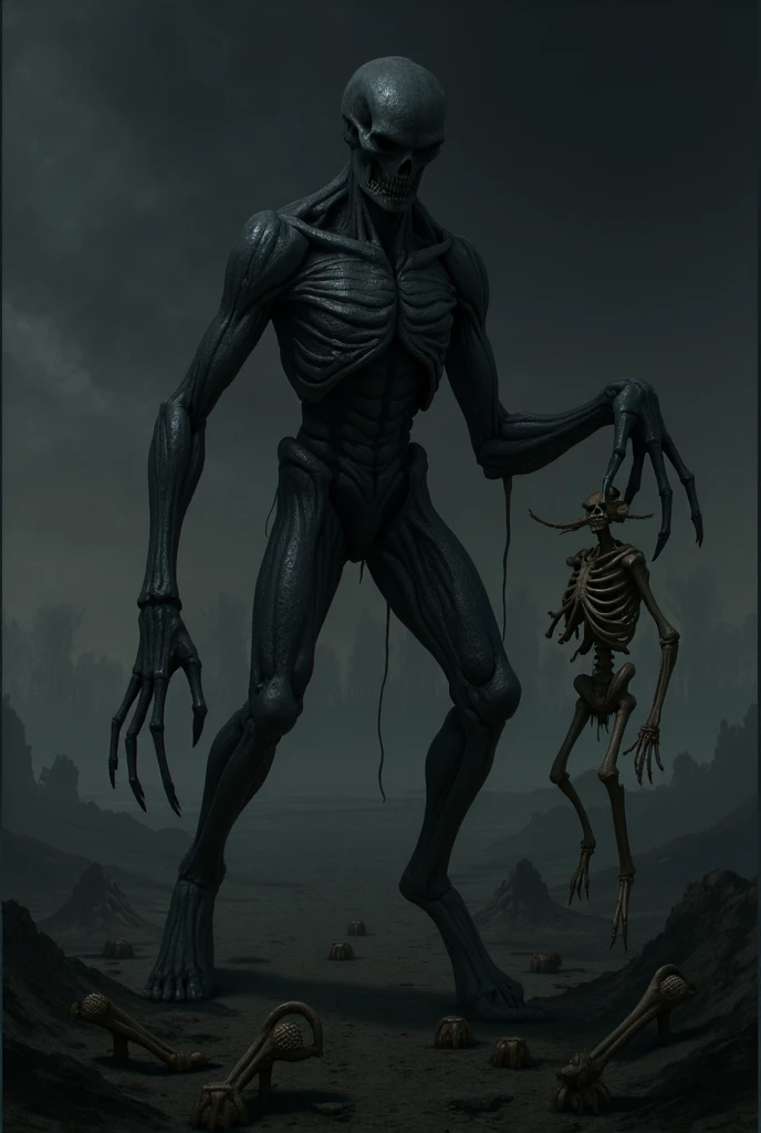 ((best quality)), ((masterpiece)), (detailed), an alien creature, (hr giger inspired), (velociraptor form), pale, milk-white skin, translucent skin, smooth skin texture like a dolphin, no hair, round head, (bulbous head), (xenomorph head), (atrophied eye sockets), (smooth face), (bright prominent gums), (a long tongue like an elephant trunk coming out of the mouth with a squid-like beak at the tip), (protrusions along a skeletal ridged back), (breathing holes on the chest), elongated limbs, a tail that splits into three tentacles, (tentacles with spikes instead of suckers), (walking on long skinny arms), where the legs would be is another set of arms that are used for grabbing, H R Giger, Clive Barker's The Thing, xenomorph, predator, Engineer, dinosaur, sci fi horror, cosmic horror