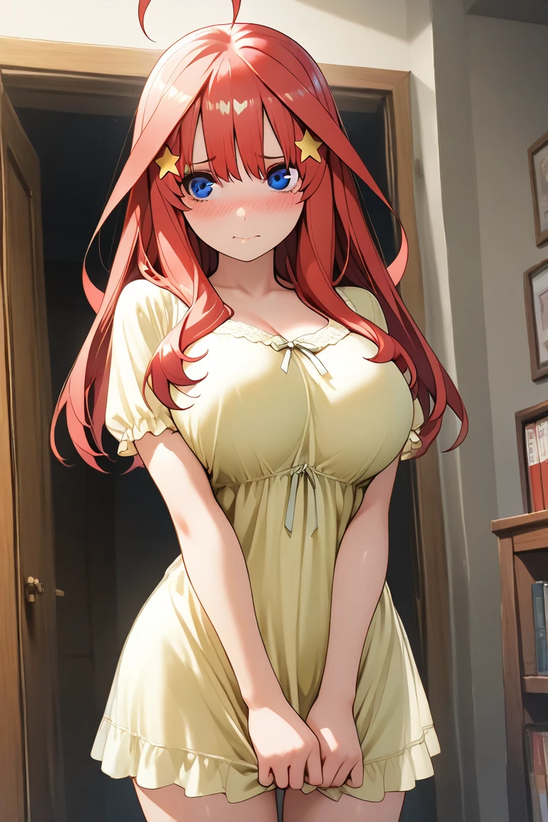 1girl, Anime girl with long hair, anime moe art style, Anime visuals of cute girls, Anime Best Girl, itsuki nakano fanart, pretty anime girl, Smooth Anime CG Art, Seductive Anime Girl, charming anime girls, Cute anime girl, Shining eyes, big boobs, (((((leaning forward))))), ((looking at viewer)), (((((seductive face))))), close up, red hair, blue eyes, (((lingerie dress))), bedroom, ahago, ((from above)), (((kneeling)))