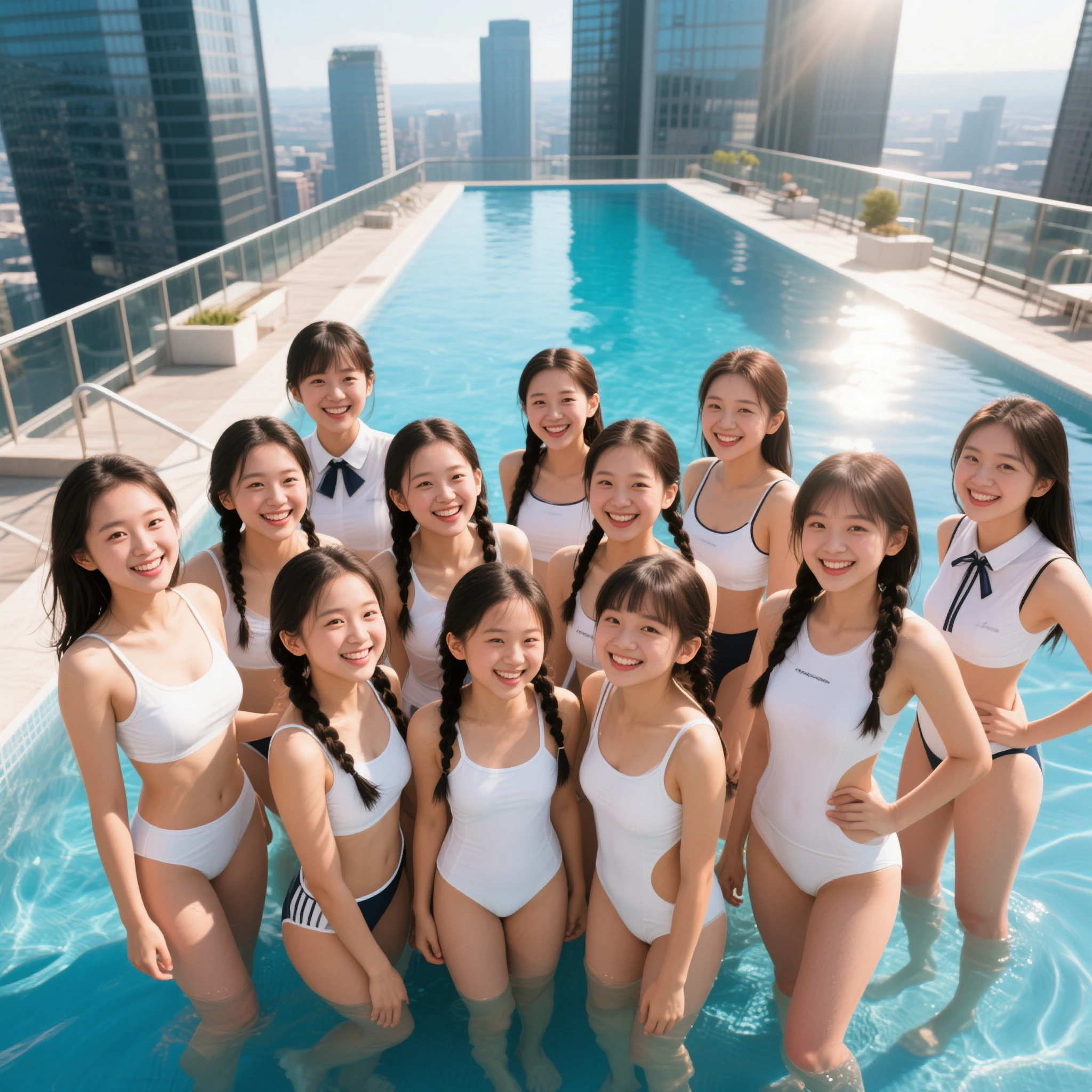 Extremely Detailed (18yo girls crowded together:1.37), (Oodles of girls in background), Smiling, White(Skinny(School swimwear:1.28)), Floating in the pool on (rooftop of Marina Bay Sands at Dusk), (32K best quality masterpiece:1.25) ((Photorealsitic:1.37)) Baby Face, every girls wetted